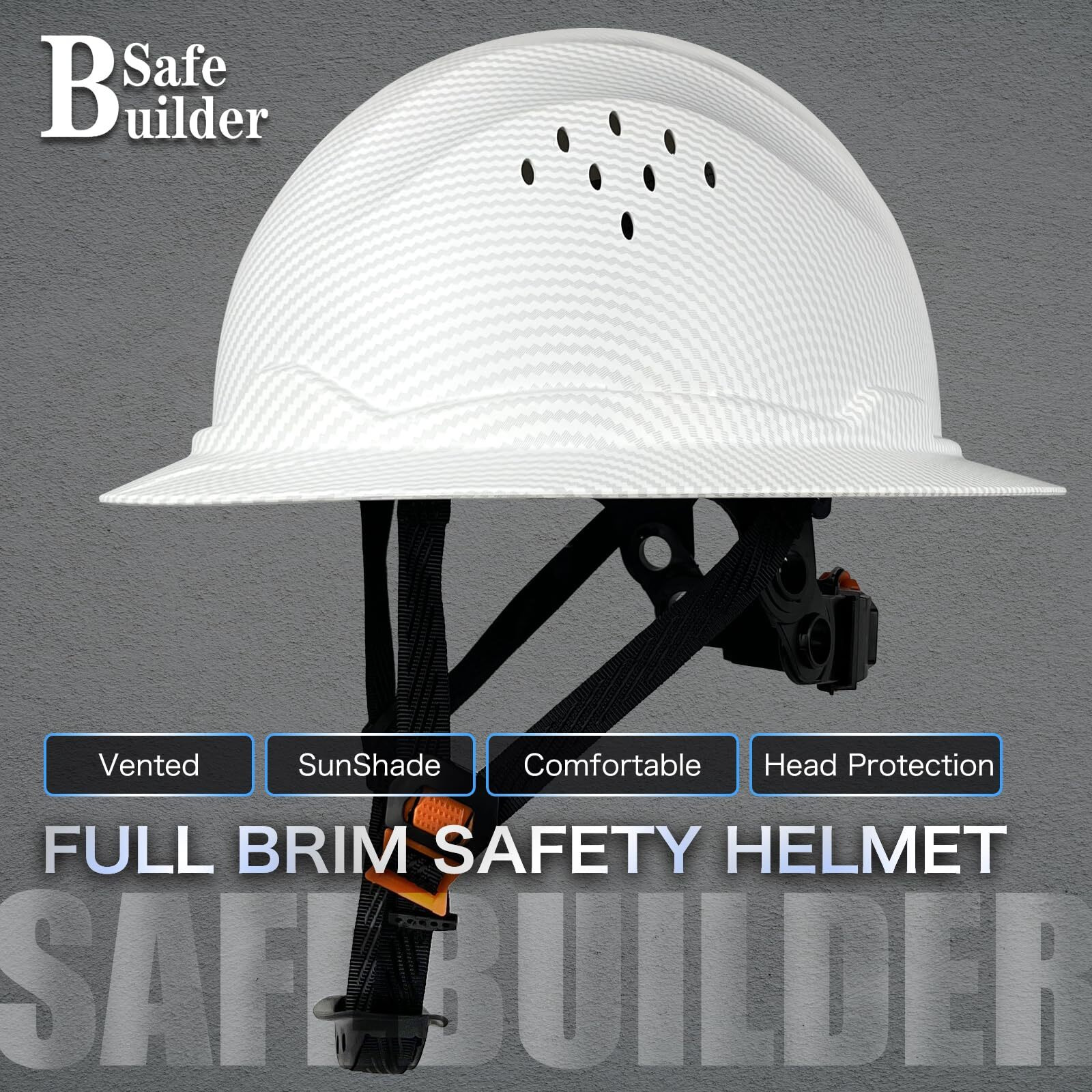 Safebuilder Full Brim Carbon Fiber Pattern Hard Hat  Adjustable And Comfortable Hardhats Ansi Ratchet Durable Hardhat Construction & Industrial (01-Matte White Hat)