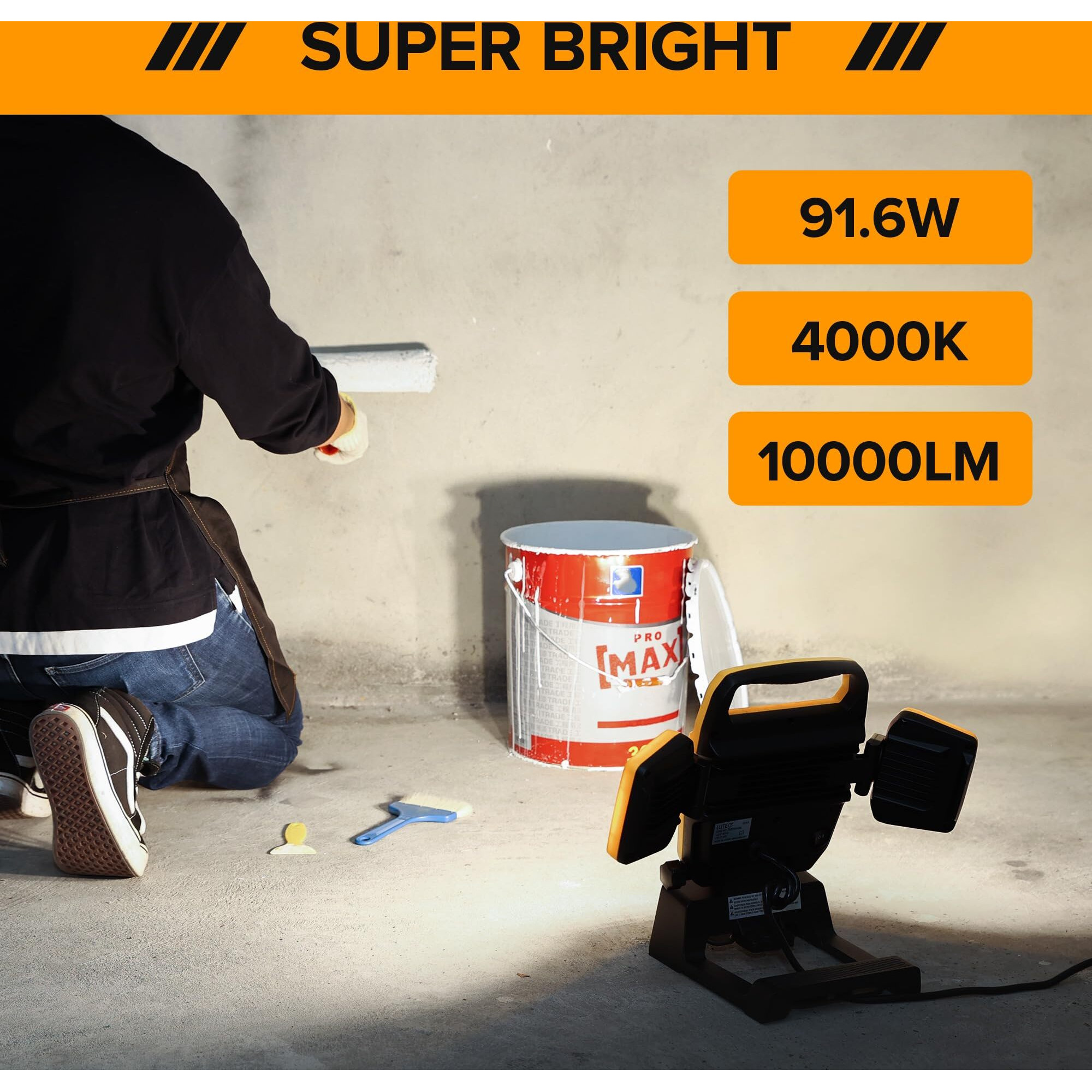 Lutec 91.6W 10000 Lumen Led Work Light  Foldable Work Lights With 3 Adjustable Head  Portable Corded Construction Lights Job Site Lighting