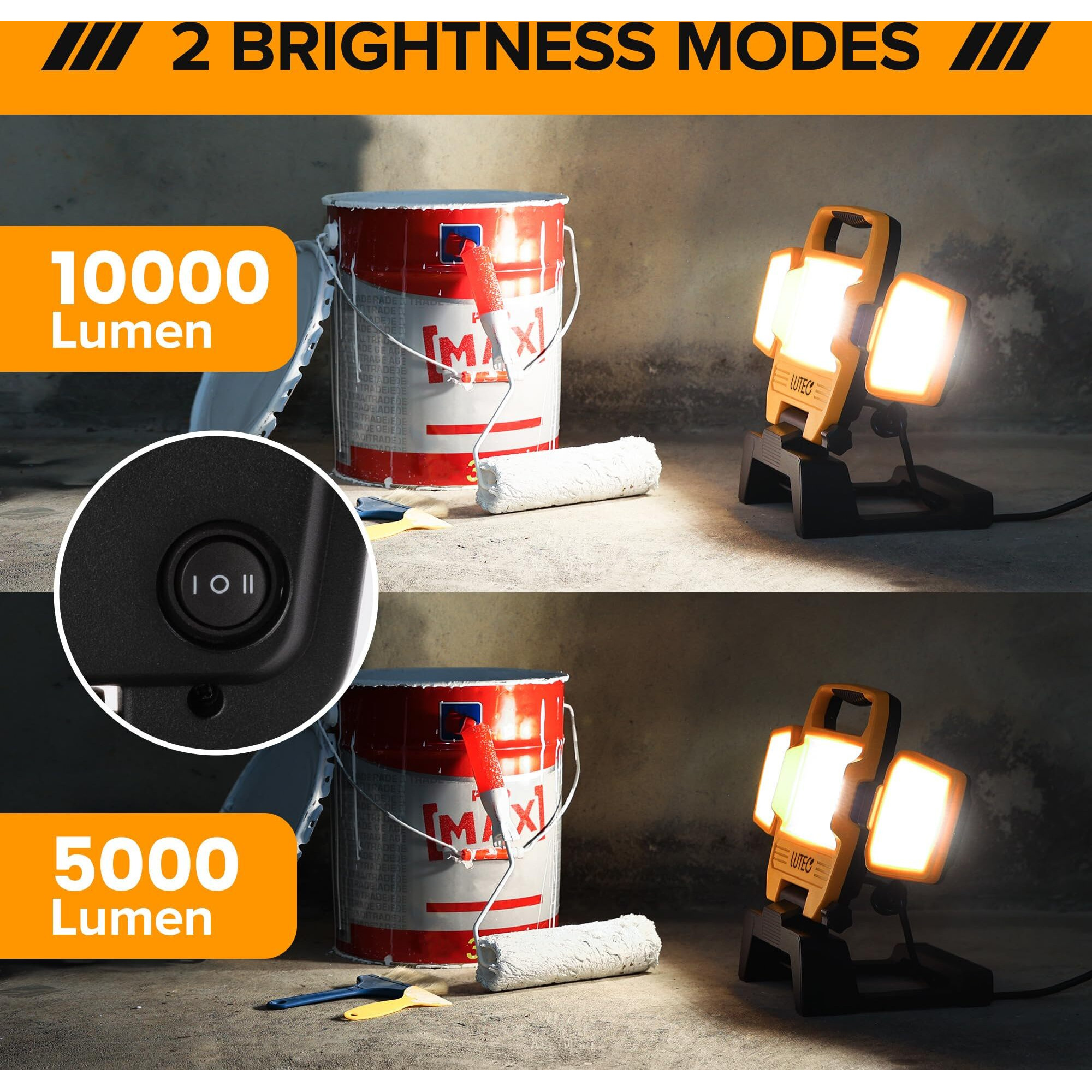 Lutec 91.6W 10000 Lumen Led Work Light  Foldable Work Lights With 3 Adjustable Head  Portable Corded Construction Lights Job Site Lighting