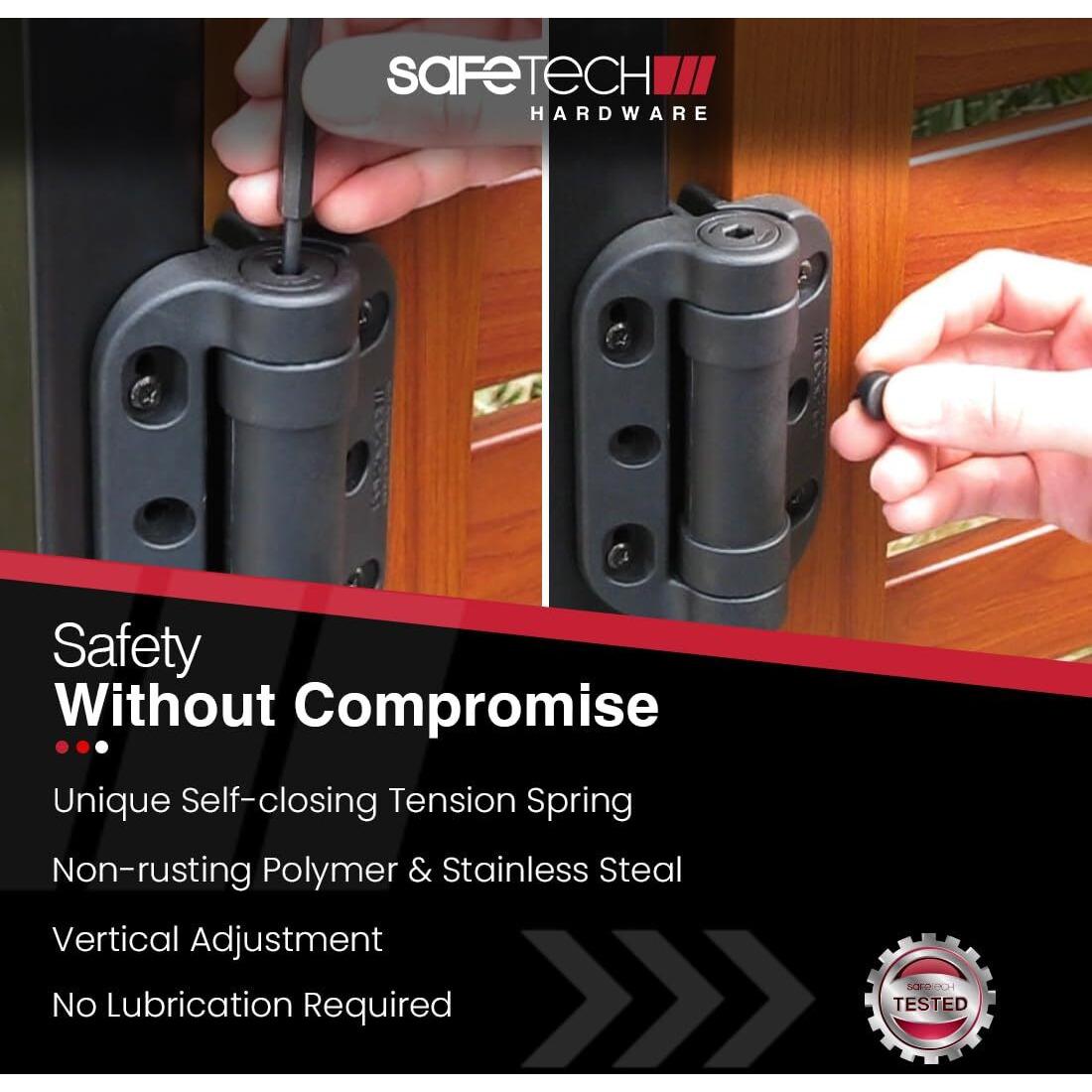 Safetech Hardware Topklik Self Closing Gate Hinges | Self-Aligning Heavy Duty Spring Hinges | Adjustable Tension | Pool Safety Hinges | Any Square Post  Aluminum Gates | Swing Close 90Bs Shg-90L Black