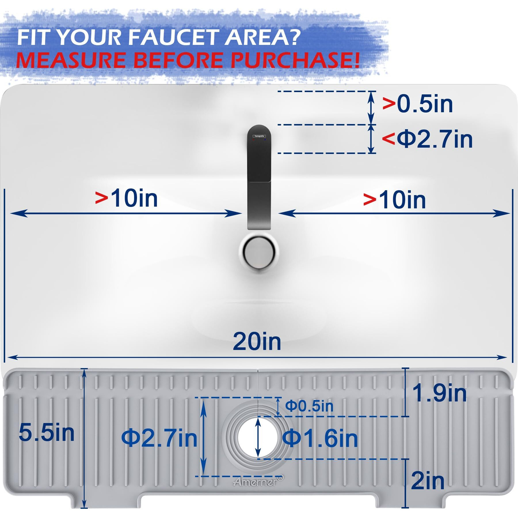 Amerner 20 Inch Kitchen Sink Splash Guard  10 Large Slope & Adaptable Hole Faucet Mat For Kitchen Sink  Silicone Sink Organizer Sponge Holder For Kitchen  Bathroom  Rv  Bar  20  X 5.5   Gray