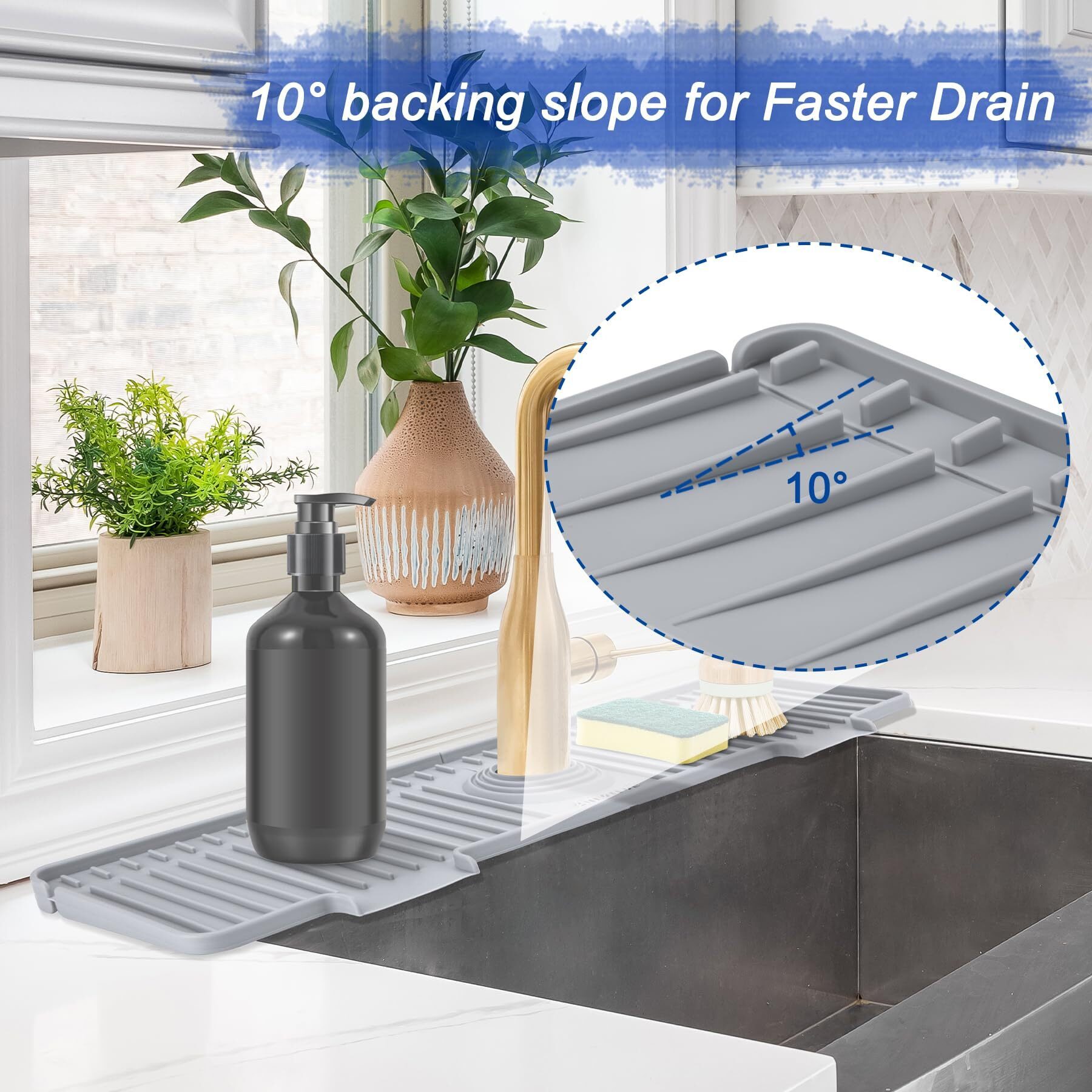 Amerner 20 Inch Kitchen Sink Splash Guard  10 Large Slope & Adaptable Hole Faucet Mat For Kitchen Sink  Silicone Sink Organizer Sponge Holder For Kitchen  Bathroom  Rv  Bar  20  X 5.5   Gray