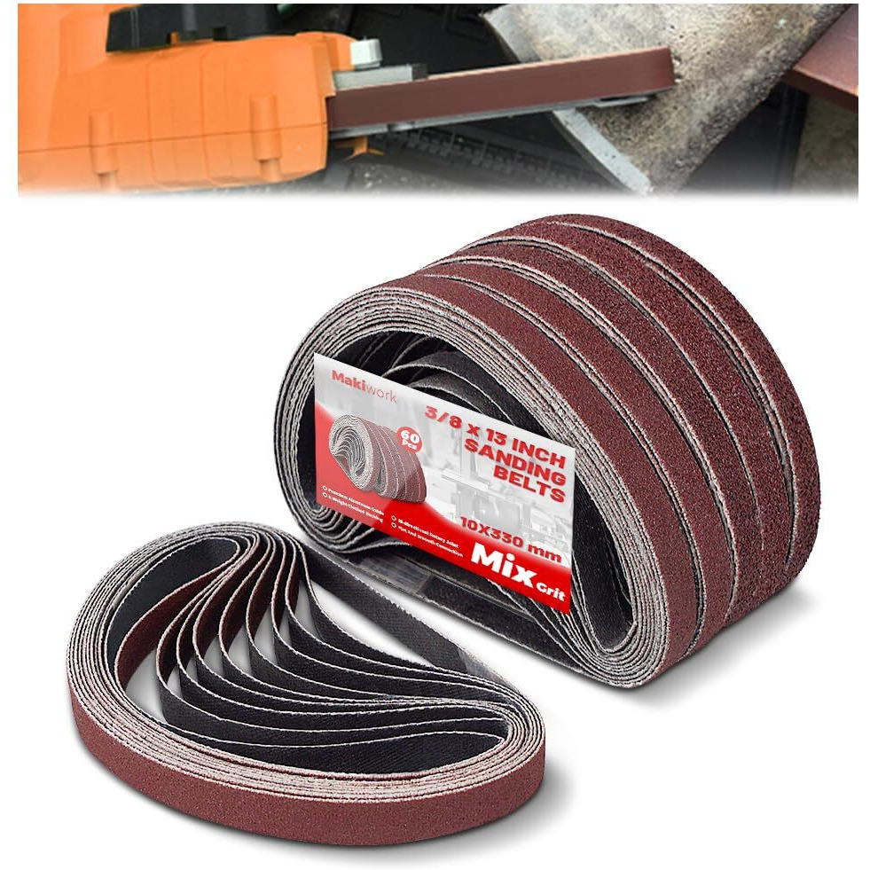 3/8 X 13 Inch 10 X 330 Mm Sanding Belts Set - 60-Pack With 40/60/80/120/150/240 Grits  Aluminum Oxide Abrasive Belts For Woodworking