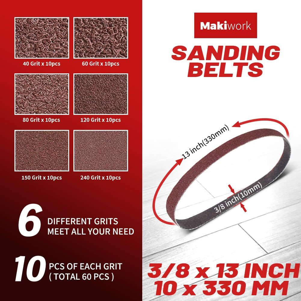 3/8 X 13 Inch 10 X 330 Mm Sanding Belts Set - 60-Pack With 40/60/80/120/150/240 Grits  Aluminum Oxide Abrasive Belts For Woodworking