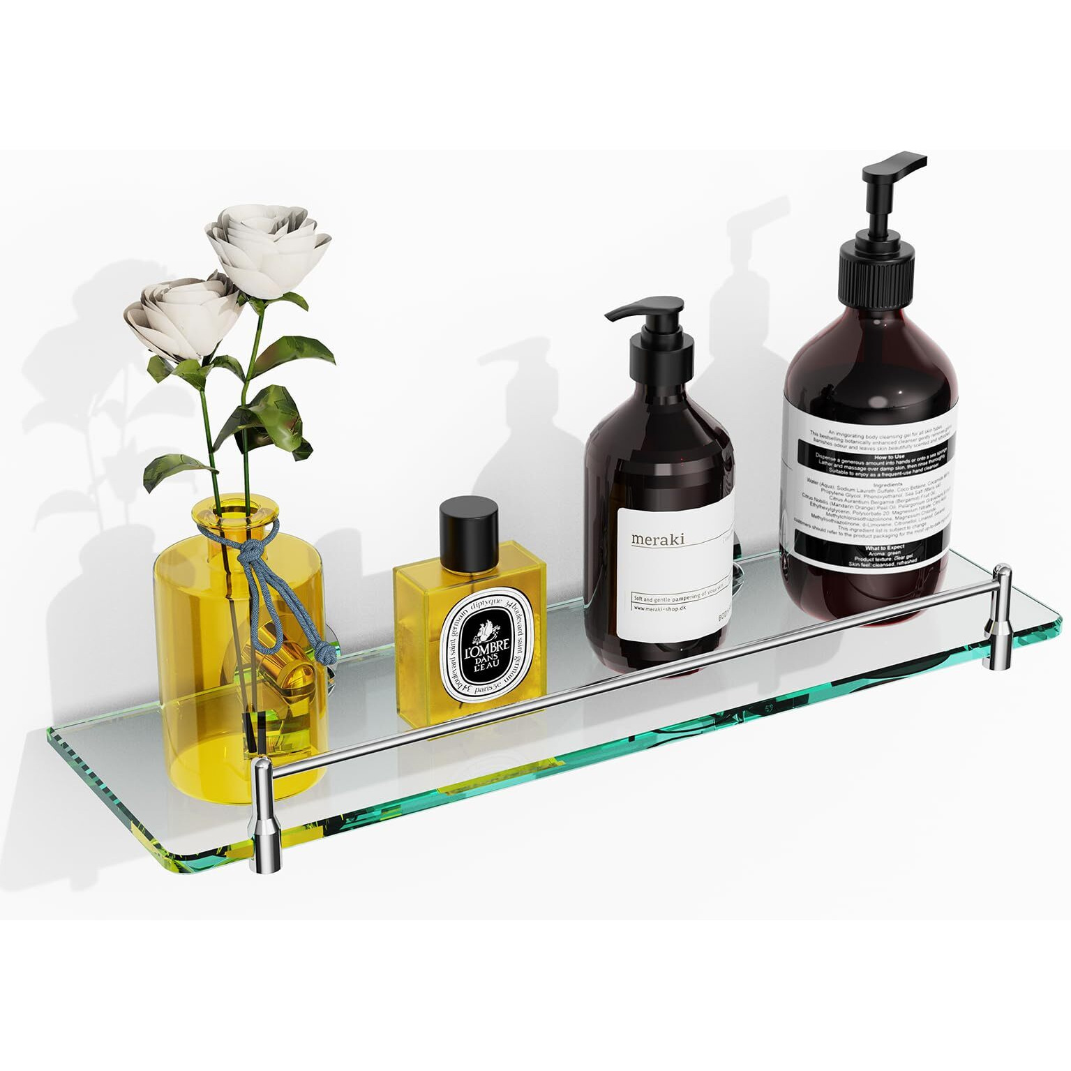 Kocok Glass Shelves For Bathroom 16-Inch Chrome Glass Bathroom Shelf Stainless Steel Floating Glass Shelf For Wall Mount Modern Accessories