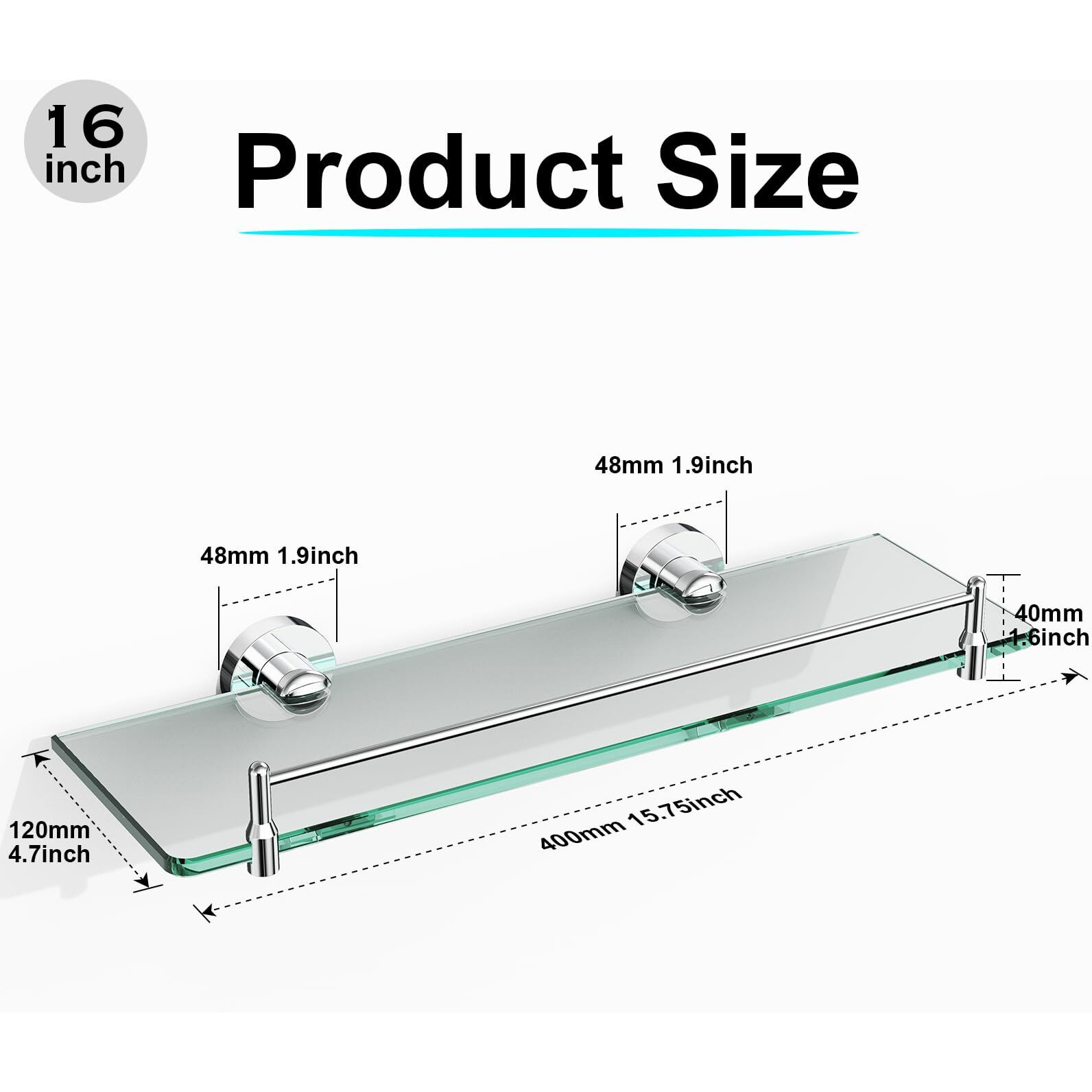 Kocok Glass Shelves For Bathroom 16-Inch Chrome Glass Bathroom Shelf Stainless Steel Floating Glass Shelf For Wall Mount Modern Accessories
