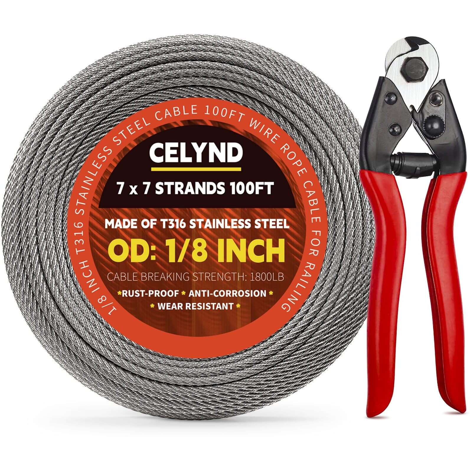 Celynd Stainless Steel Cable For Railing - 100Ft 1/8"" T316 Wire Rope Cable For Deck Railings System Kit