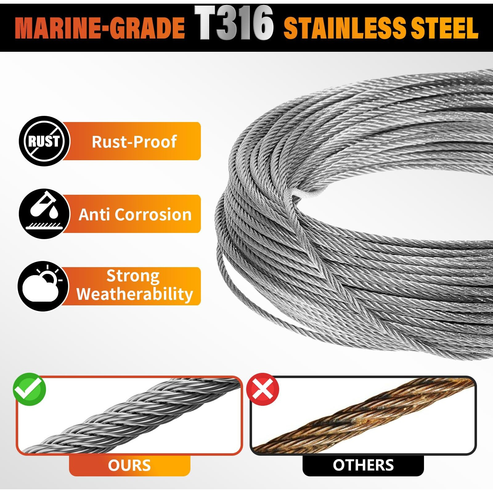 Celynd Stainless Steel Cable For Railing - 100Ft 1/8"" T316 Wire Rope Cable For Deck Railings System Kit