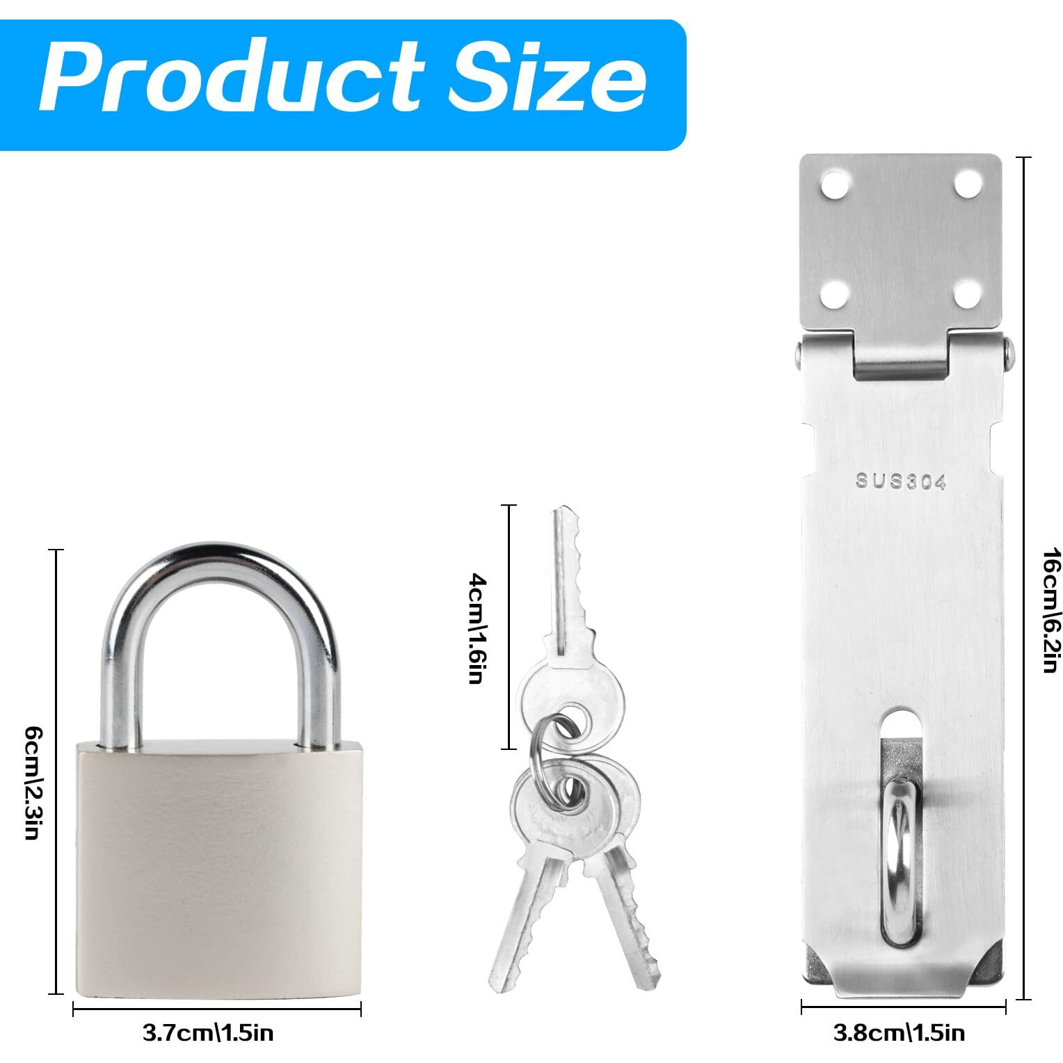 1 Set Stainless Steel Padlock Hasp  Door Hasp Latch Locks  Padlock Latch Gate Door Locks Hasp Latches  Heavy Duty Hasp Lock Latch With Lock Key For Cabinet Closet Shed Door Lock Hasp Latch Catch  5""