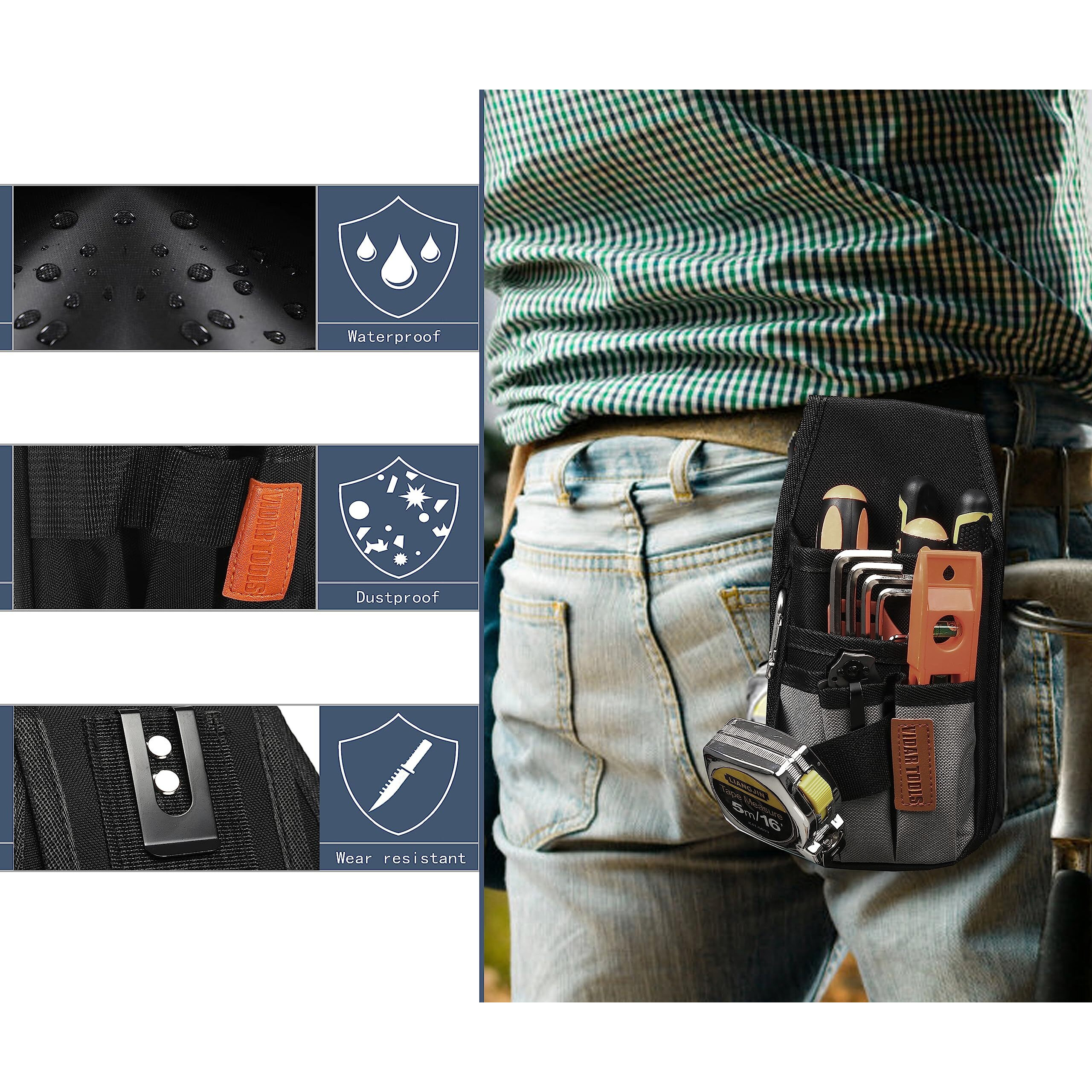 Vidar Tools Small Tool Pouch With Belt Clip Tool Pouch Bag.Tool Belt Pouches Electrician Tool Pouch.Mini Organizer Pocket Attachment For Tool Belt 5 Pockets And Heavy-Duty Metal Belt Clip Attachment.