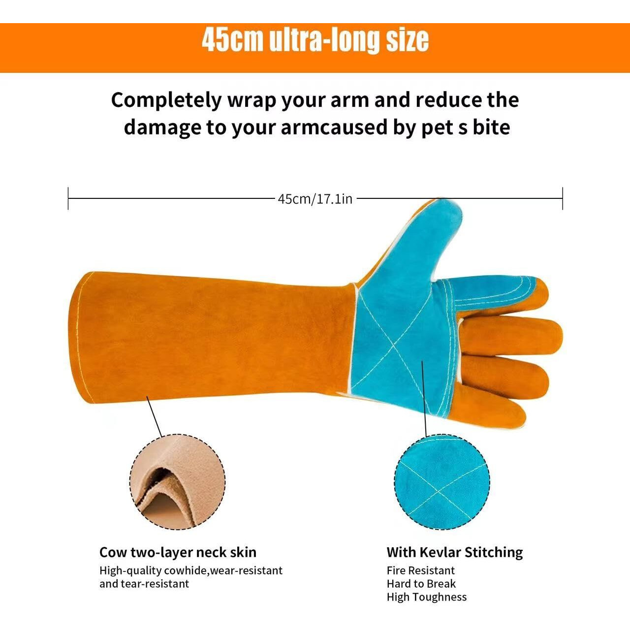 Moutclmb Animal Handling Gloves Bite Proof 17.7 Inches Welding Gloves Double Leather Reinforced Padding Dog Pet Gloves For Cat Dog Bird Falconry Snake