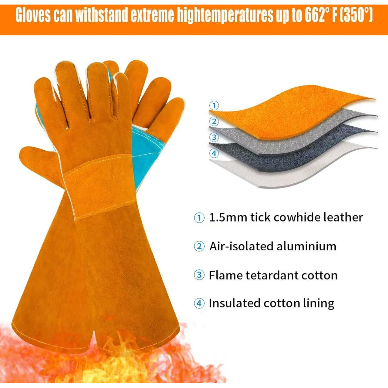 Moutclmb Animal Handling Gloves Bite Proof 17.7 Inches Welding Gloves Double Leather Reinforced Padding Dog Pet Gloves For Cat Dog Bird Falconry Snake