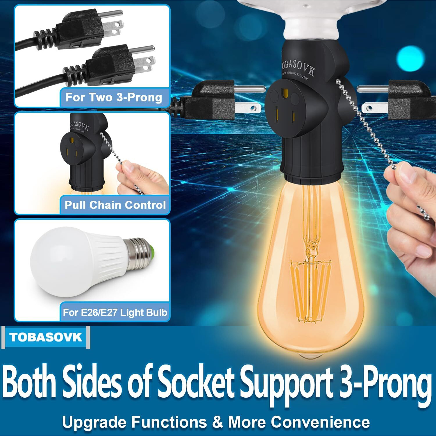 2Pcs Tobasovk 3 Prong Light Socket Adapter  Double Sides Both Support 3 Prong Light Socket To Plug Adapter  Heat-Resistant & Durable Materials Multifunctional Light Bulb Outlet Socket Adapter - Black