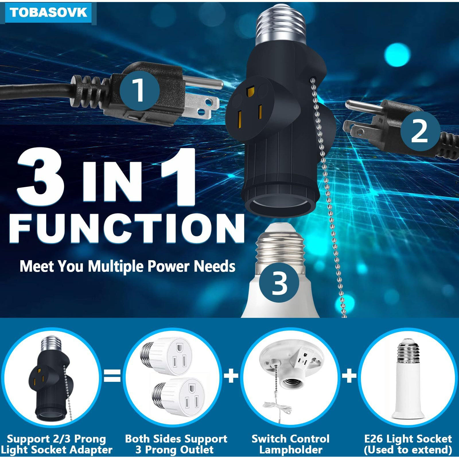2Pcs Tobasovk 3 Prong Light Socket Adapter  Double Sides Both Support 3 Prong Light Socket To Plug Adapter  Heat-Resistant & Durable Materials Multifunctional Light Bulb Outlet Socket Adapter - Black