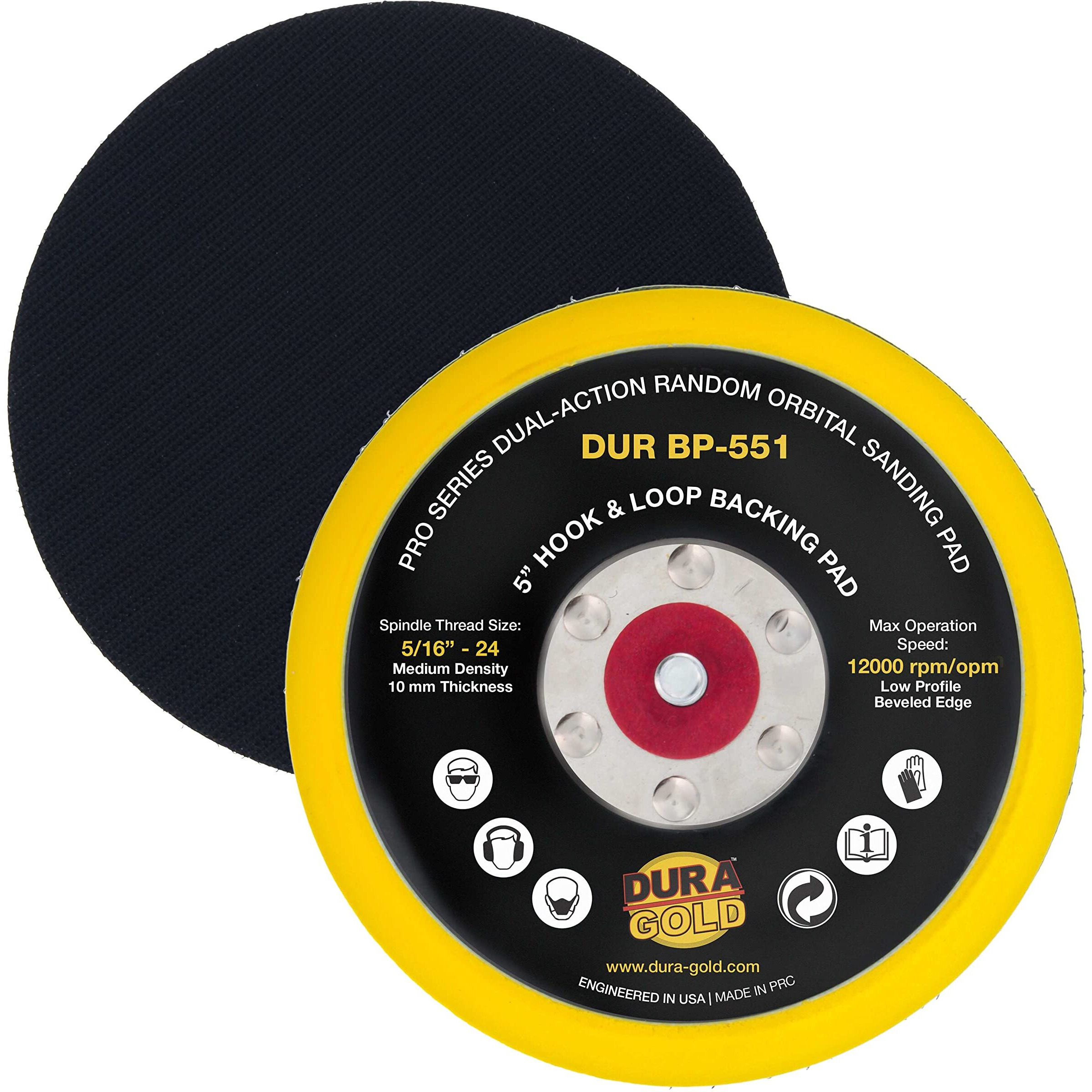 Dura-Gold Pro Series 5"" Hook & Loop Da Backing Plate Pad - Low Profile Edge  Medium Density  Dual-Action Random Orbital Sanding Pad  5/16"" - 24 Threads - For Sander Polisher Auto Woodworking Sandpaper
