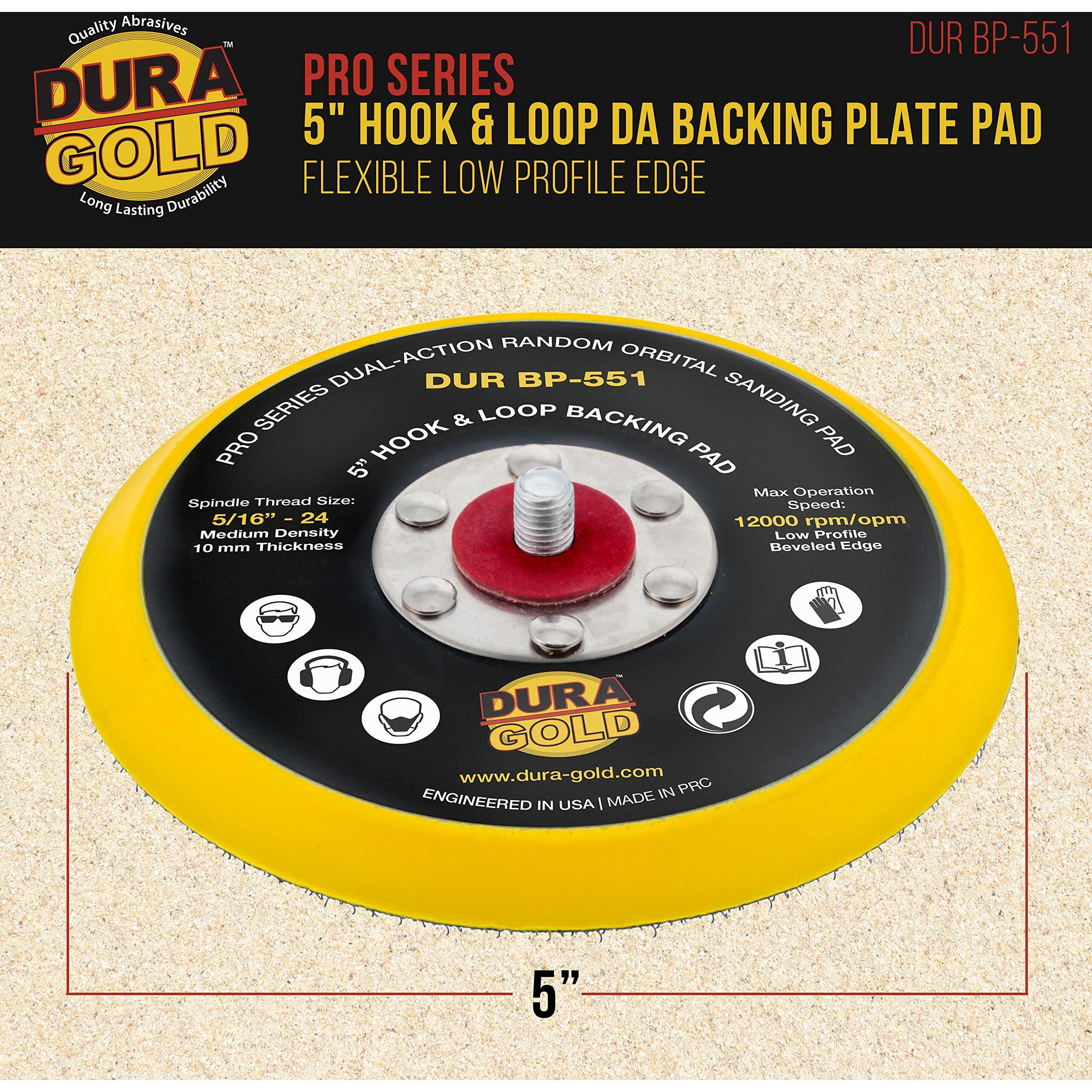 Dura-Gold Pro Series 5"" Hook & Loop Da Backing Plate Pad - Low Profile Edge  Medium Density  Dual-Action Random Orbital Sanding Pad  5/16"" - 24 Threads - For Sander Polisher Auto Woodworking Sandpaper