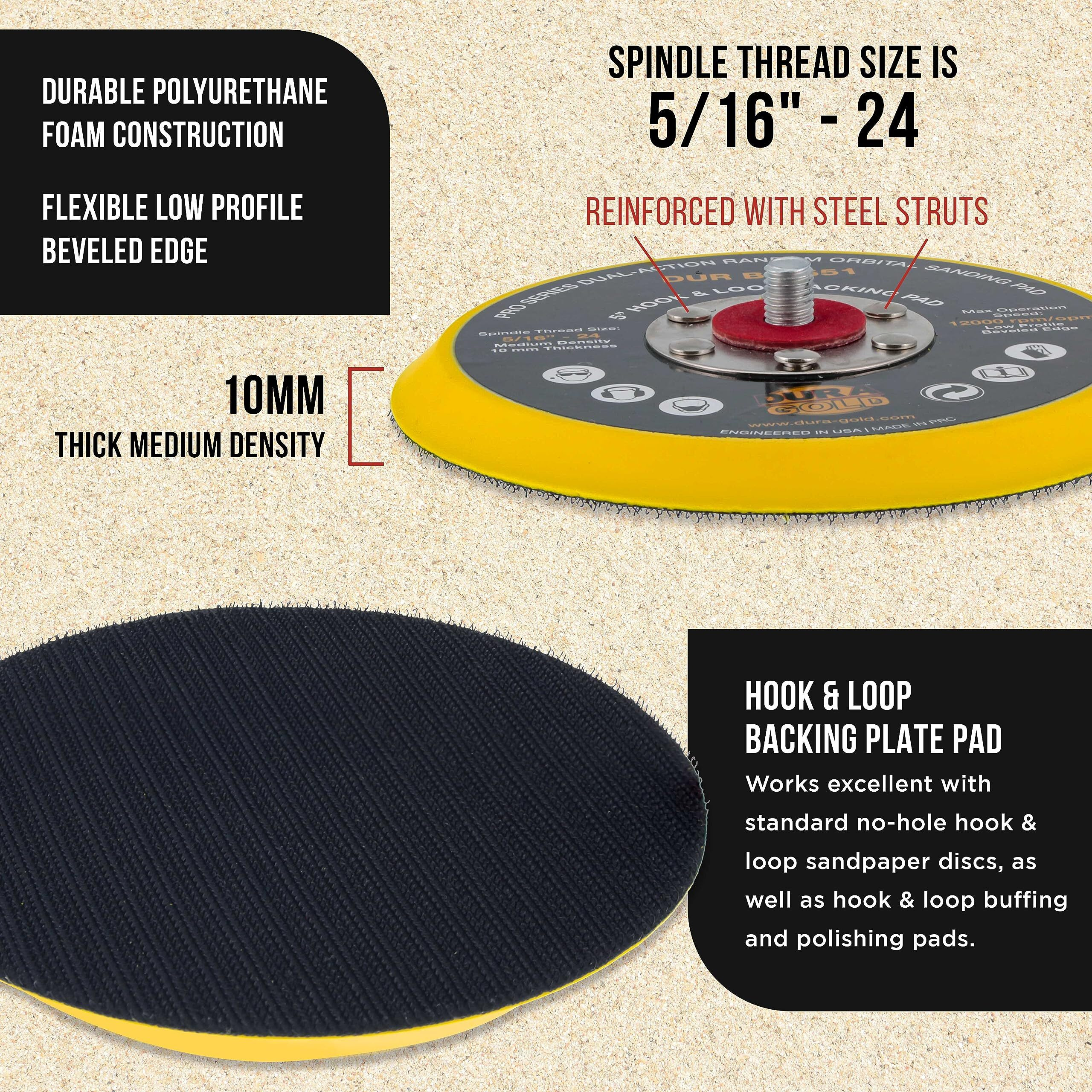 Dura-Gold Pro Series 5"" Hook & Loop Da Backing Plate Pad - Low Profile Edge  Medium Density  Dual-Action Random Orbital Sanding Pad  5/16"" - 24 Threads - For Sander Polisher Auto Woodworking Sandpaper