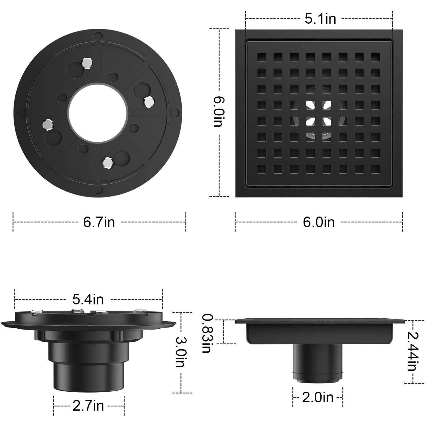 Bmvlffs 6 Inch Square Shower Drain Matte Black With Removable Quadrato Pattern Grate  Sus 304 Stainless Steel Floor Drain With Flange