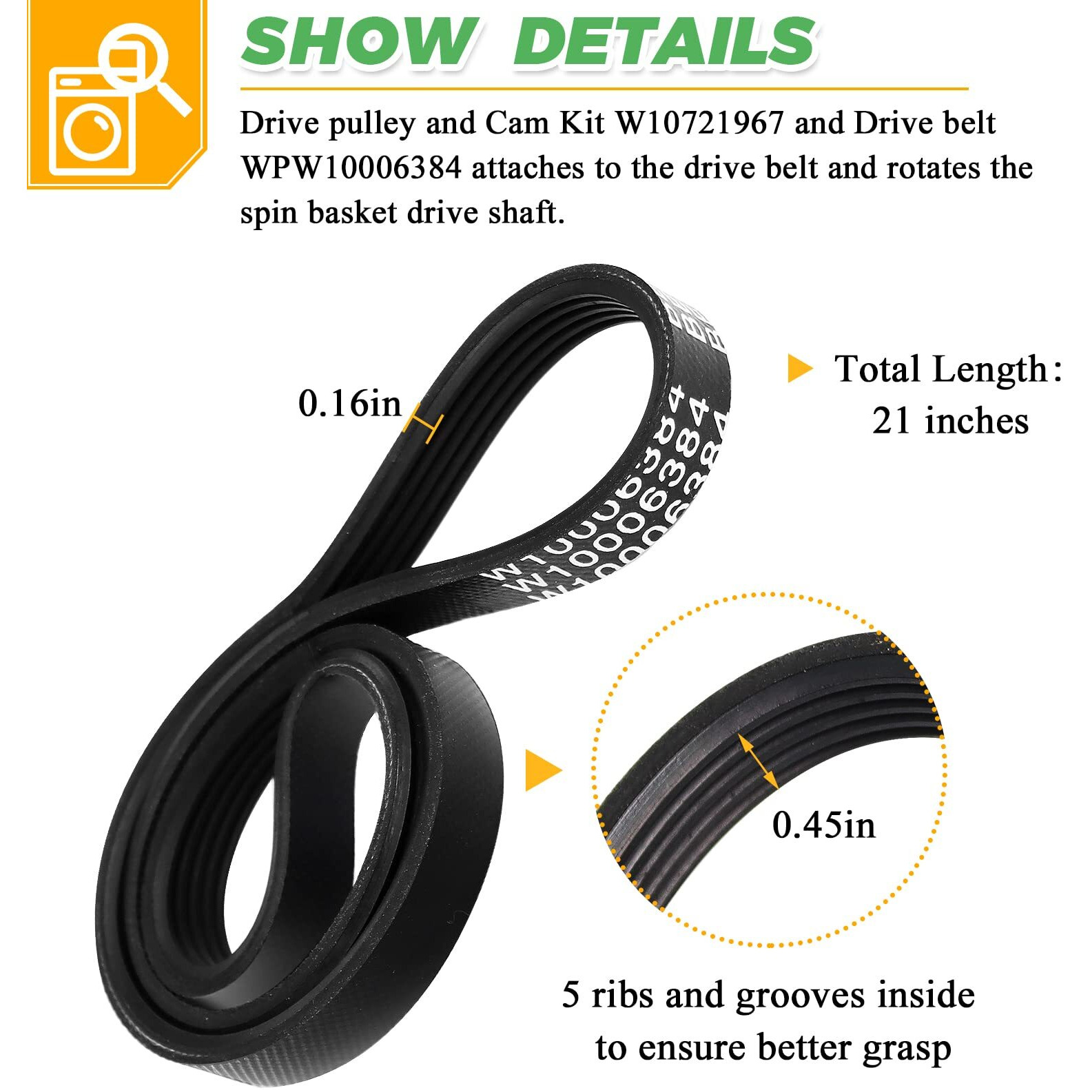 W10721967 Washer Pulley Clutch Kit & W10006384 Drive Belt By Techecook - Compatible For Whirlpool Kenmore Maytag Washing Machine Replaces Ps10057144 W10006354 W10006356 W10239973 Wtw5000Dw1 Mvwx655Dw1
