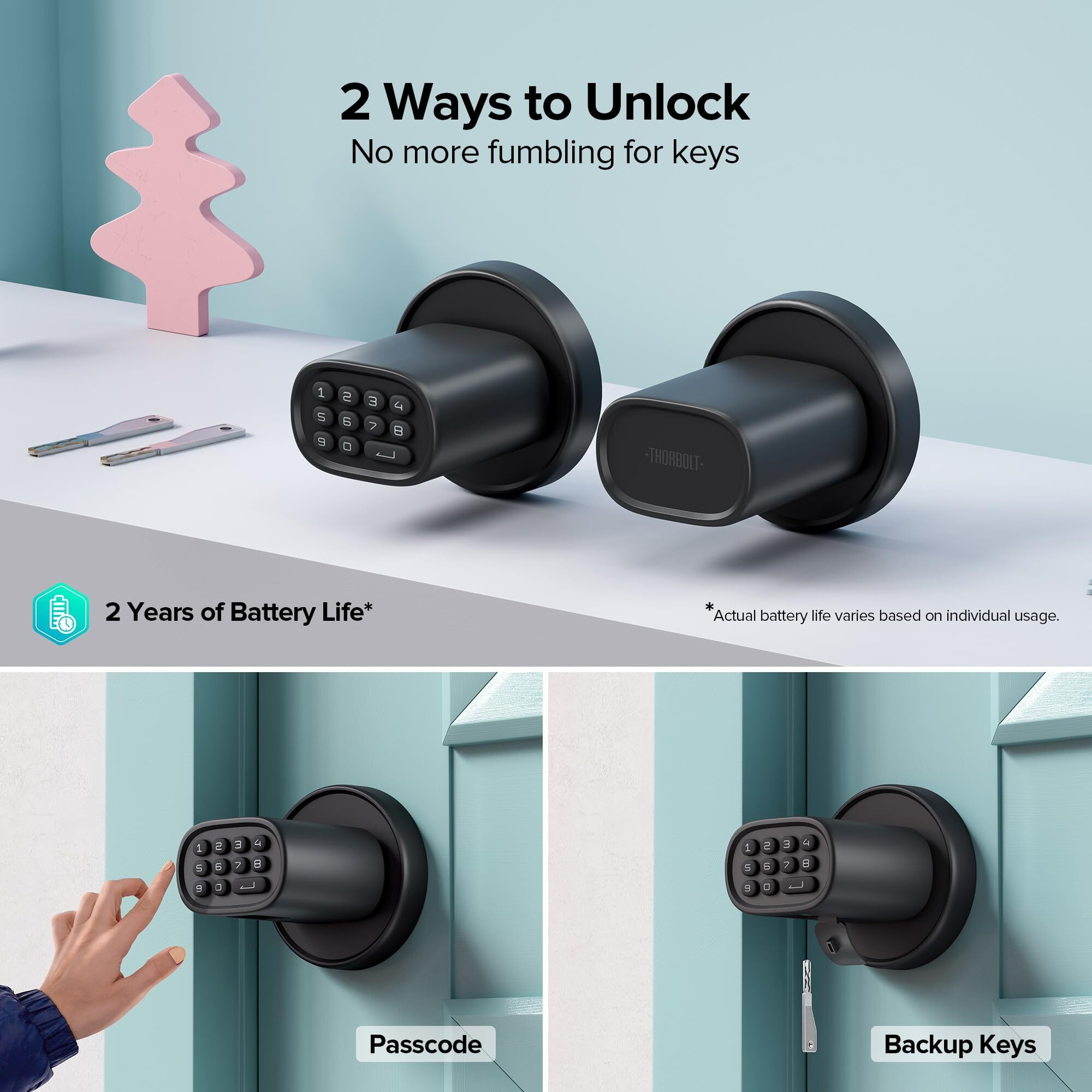 Door Lock Knob With Keypad Keyless Entry Door Knob Electric Coded Indoor Door Knob For Interior Doors Thickness Up To 2-1/4""  Bedroom  Home Office  Garage  4Xaa Alkaline Battery  M1 Black