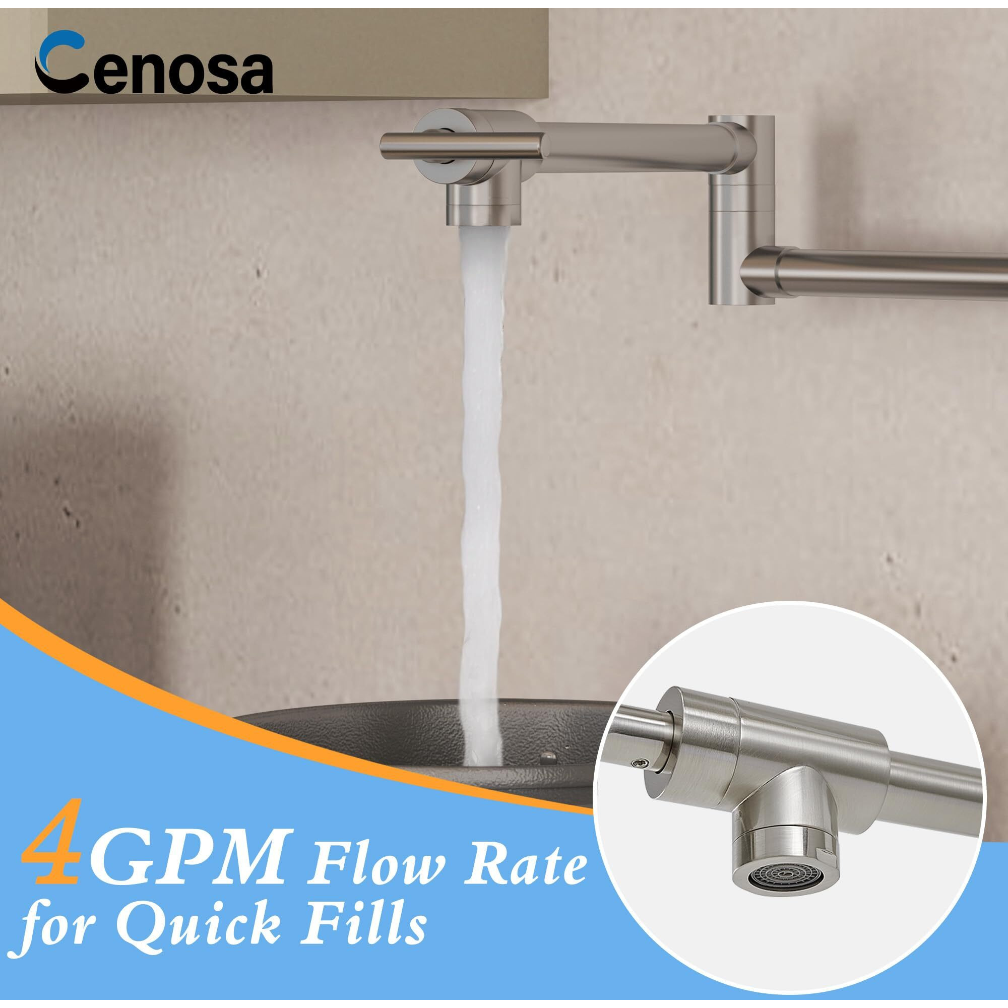 Cenosa Pot Filler Faucet Brushed Nickel Commercial Wall Mount Stove Faucet Lead-Free Wall Mount Pot Filler Facuet