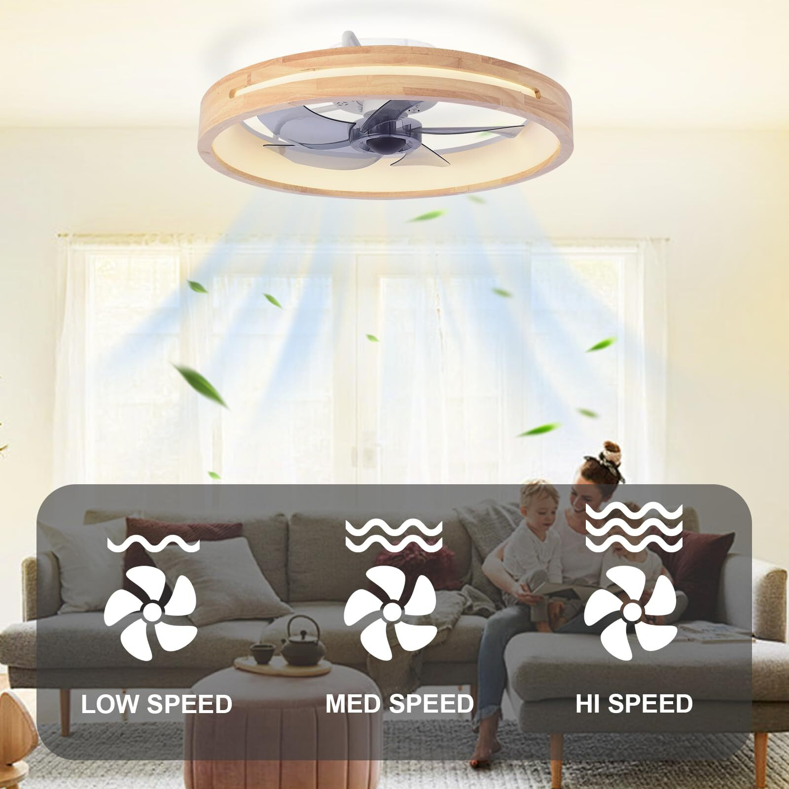 Huogme Modern Low Profile Ceiling Fans With Lights And Remote  20"" Wooden Flush Mount Reversible Bladeless Ceiling Fans With Light 3000K-6000K Dimmable Led Timing And 6 Wind Speeds