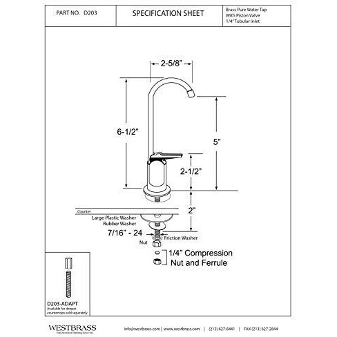 Westbrass D203-Nl-20 6"" Touch-Flo Style Pure Cold Water Dispenser Faucet  1 Pack  Stainless Steel