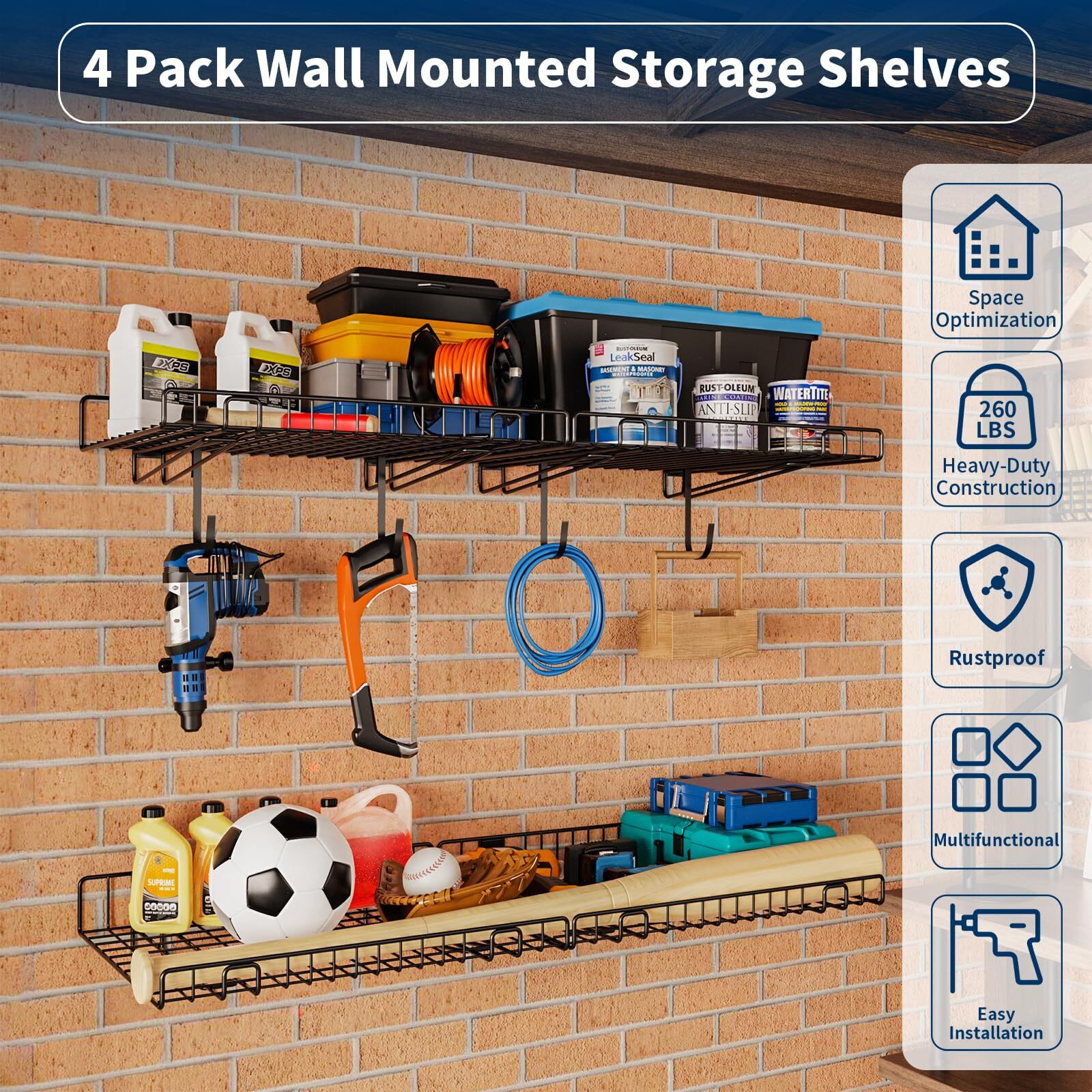 4 Pack Garage Wall Shelf  Wall Mounted Storage Shelves  Heavy Duty Metal Shelves For Room Wall  Loads 260 Lbs Floating Shelves Mesh Storage Rack For Garage  Office  Basement Wall Cabinet And Kitchen