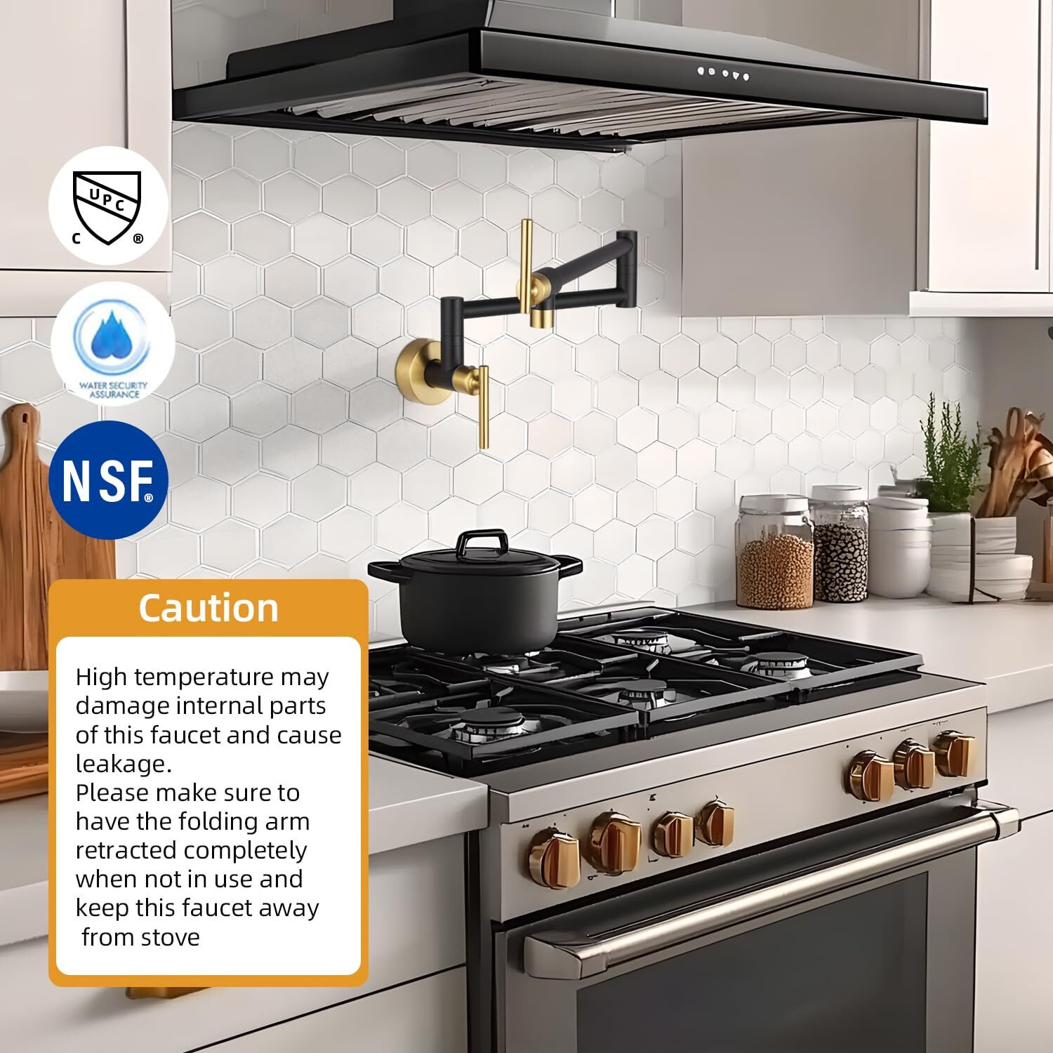 Fransiton Black Gold Pot Filler  Pot Filler Faucet Wall Mount  Brass Folding Stretchable With Double Joint Swing Arm Single Hole Two Handles Kitchen