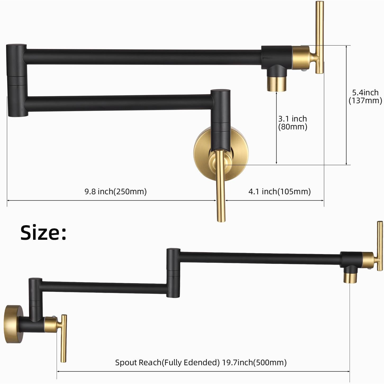 Fransiton Black Gold Pot Filler  Pot Filler Faucet Wall Mount  Brass Folding Stretchable With Double Joint Swing Arm Single Hole Two Handles Kitchen