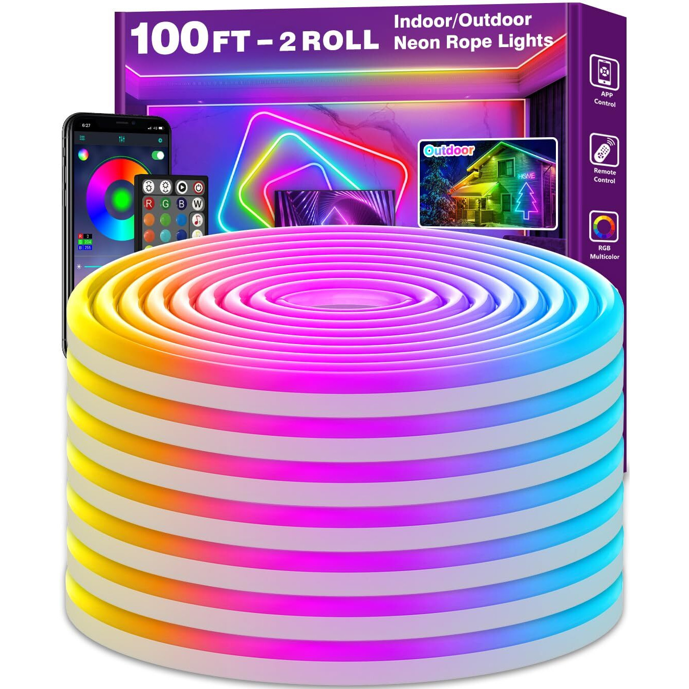 100Ft Neon Rope Lights Flexible Led Rope Lights Control With App/Remote Multiple Modes Rope Lights Ip65 Outdoor Rgb Led Neon Lights Waterproof Music Sync Gaming Led Neon Light Strip For Bedroom Decor