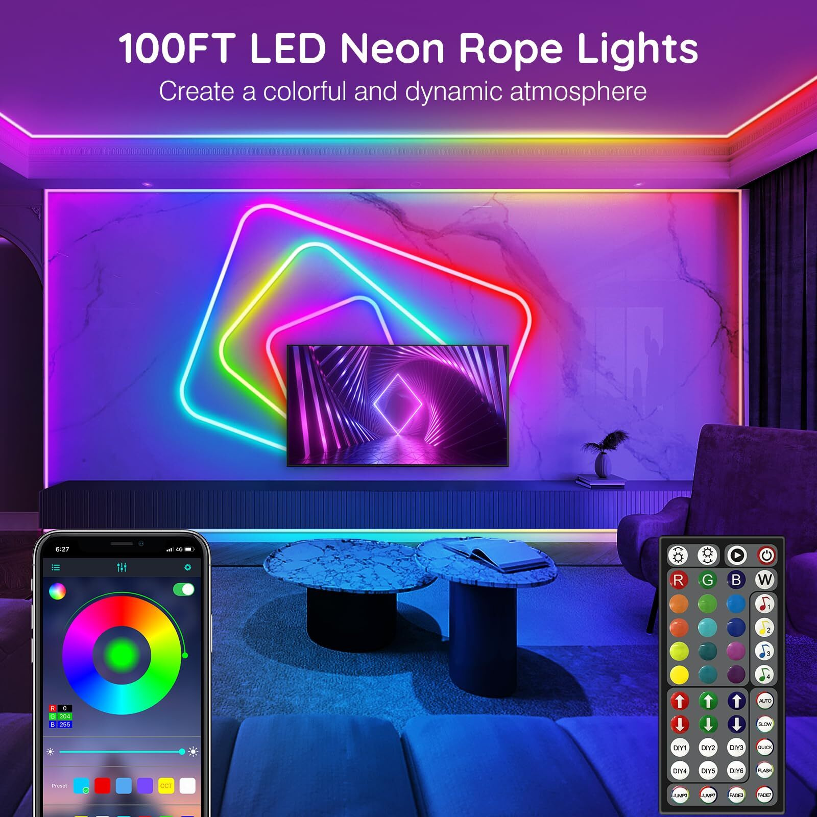 100Ft Neon Rope Lights Flexible Led Rope Lights Control With App/Remote Multiple Modes Rope Lights Ip65 Outdoor Rgb Led Neon Lights Waterproof Music Sync Gaming Led Neon Light Strip For Bedroom Decor