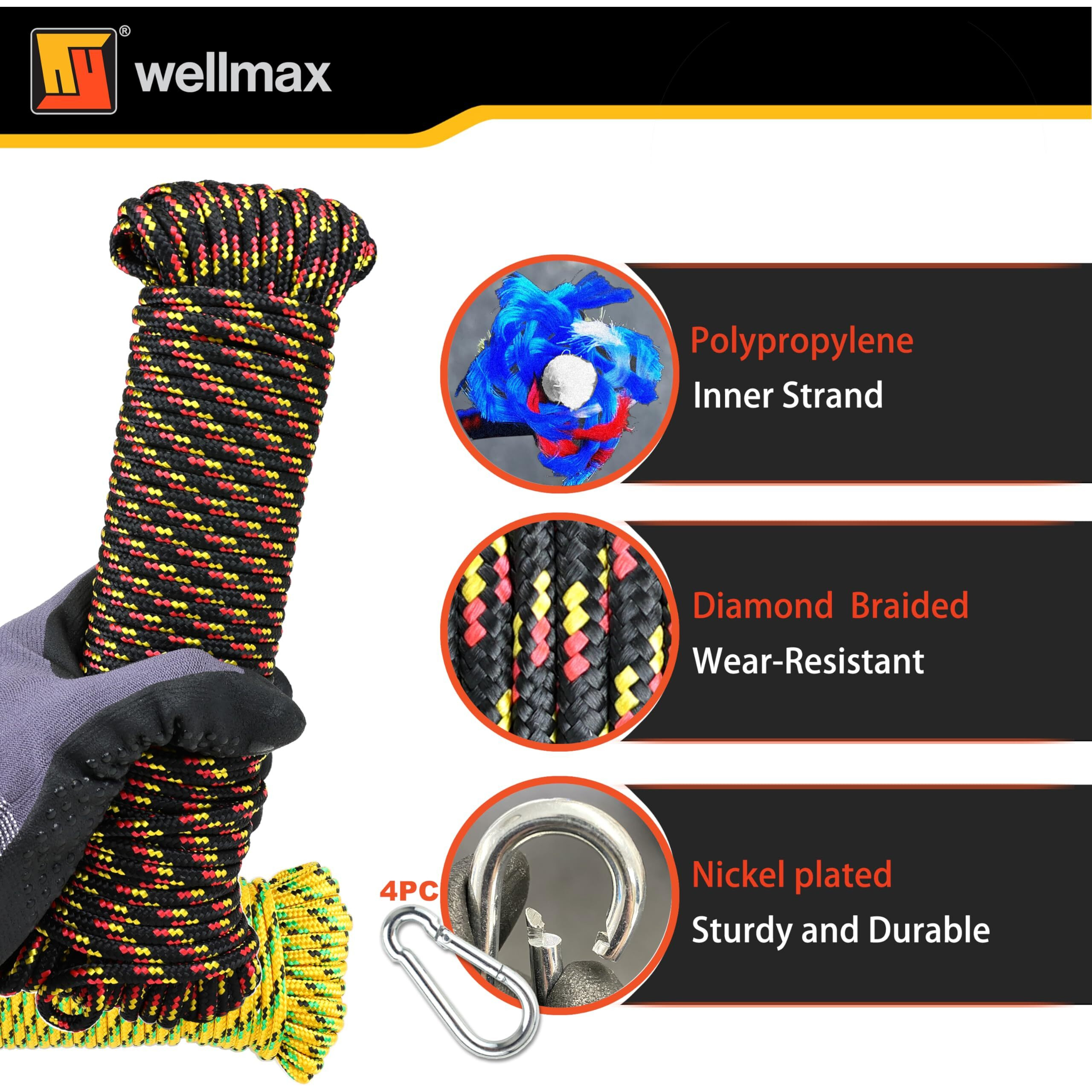 Wellmax 3/16"" X 100' Diamond Braided Polypropylene Rope With Uv Protection And Weather Resistance  Yellow/Black - 2 Pack