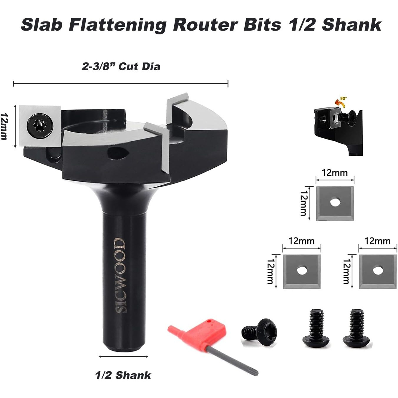 Sicwood Slab Flattening Router Bits 1/2 Shank  2-3/8 Cut Dia  12*12*1.5Mm Insert  Cnc Spoilboard Surfacing Router Bits  Planing Router Bits  For Flycutter/ Slab Leveler/ Rabbeting
