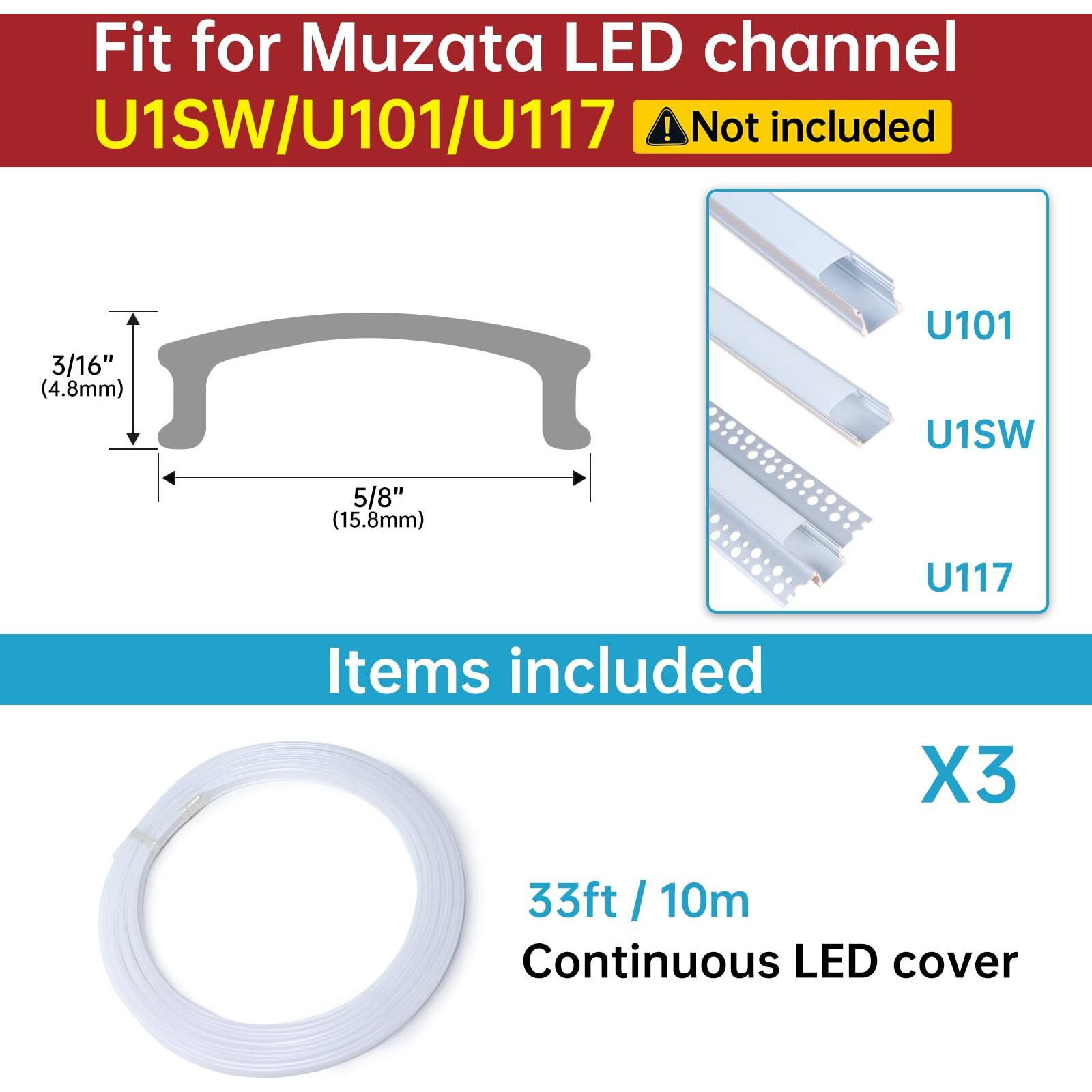 Muzata 3Pack 33Ft/10M Continuous Milky White Led Cover Tape Light Seamless Plastic For U1Sw U Shape Anti-Uv Channel Lc03 Ww (Only Cover No Aluminum Led Channel Included)