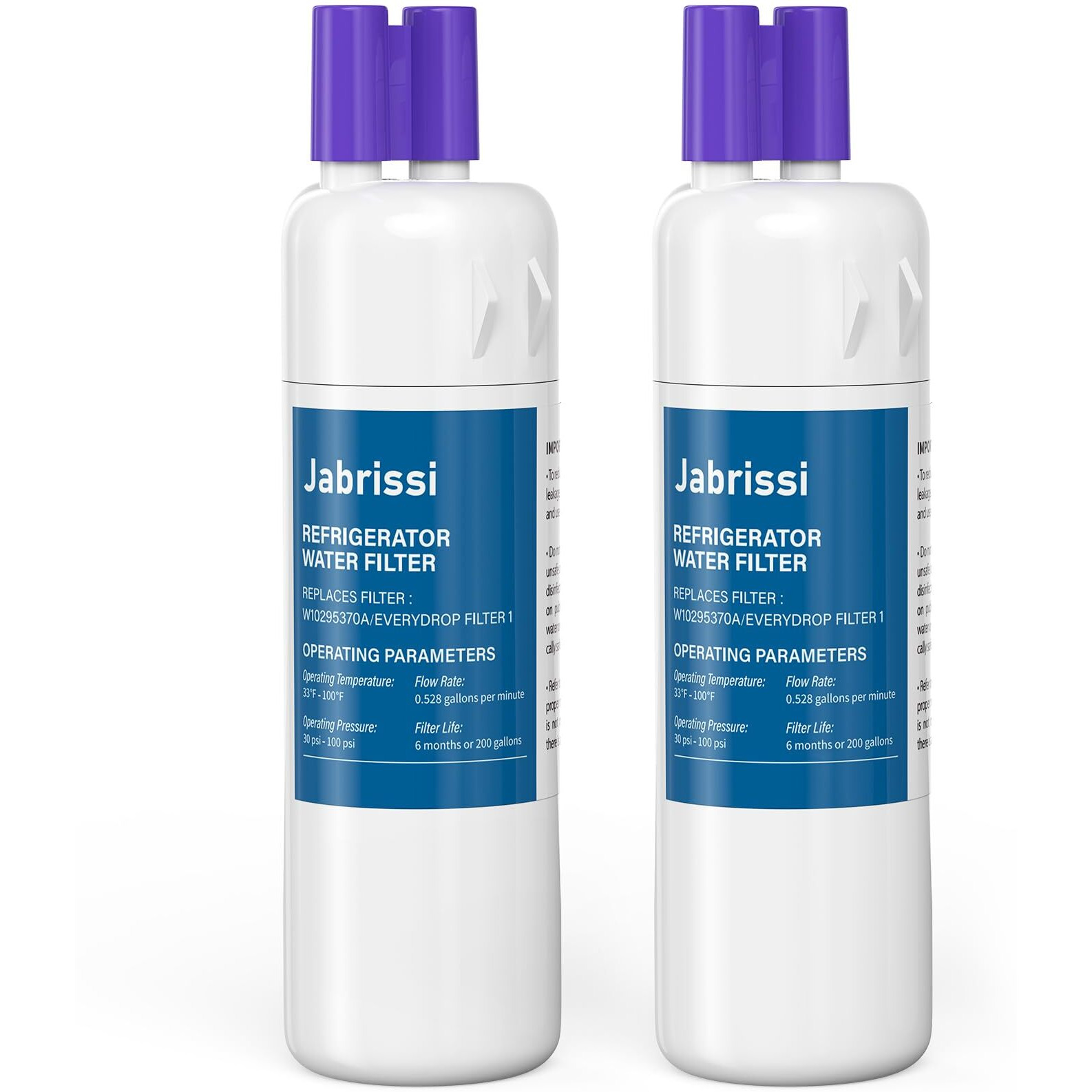 Jabrissi W10295370A Water Filter For Everydrop Filter 1 Whirlpool Refrigerator Replacement Compatible With Edr1Rxd1  Filter 1  Whr1Rxd1  W10295370  Kad1Rxd1  P8Rfwb2L  P8Wb2L  P4Rfwb (White  2 Pack)