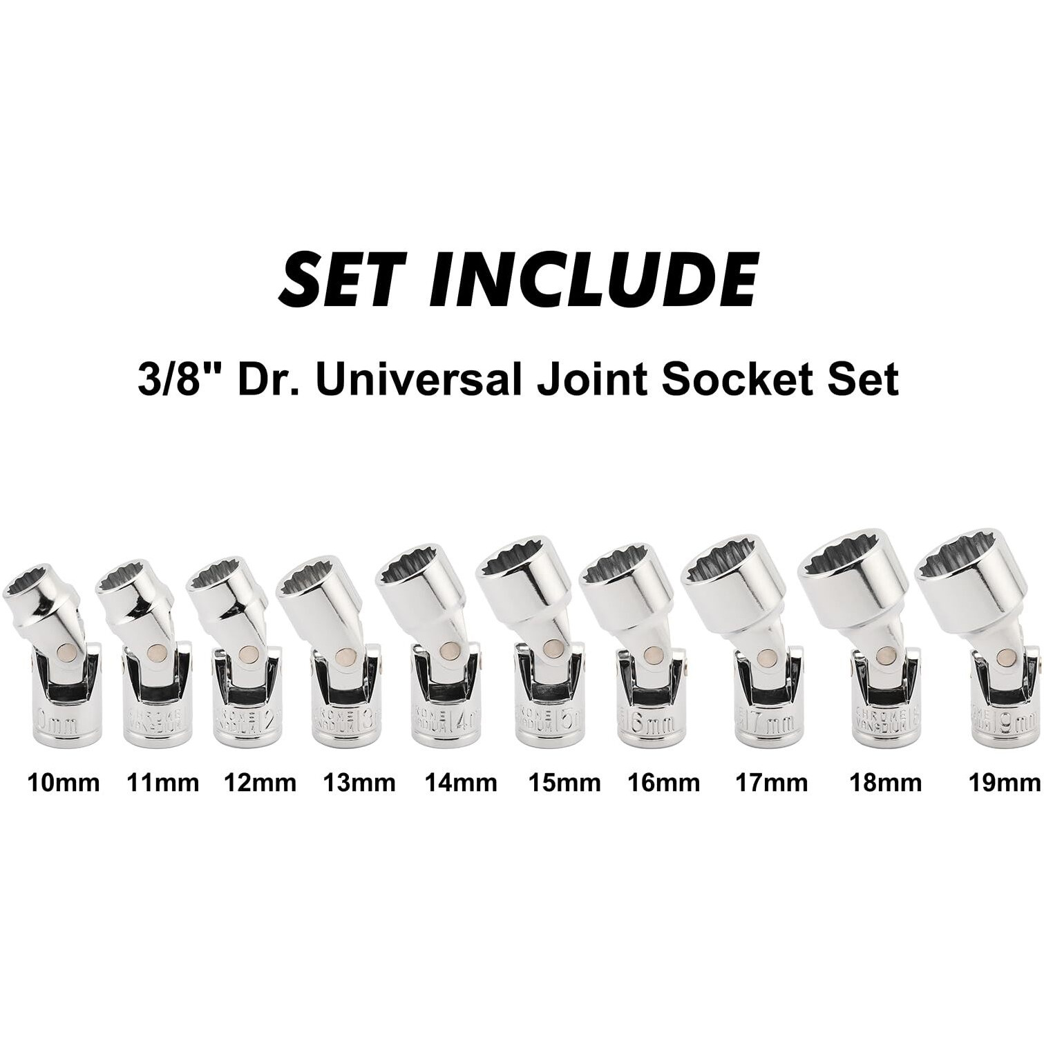 Casoman 3/8"" Drive Universal Joint Socket Set- 10 Piece Flex Socket Set  12-Point  Cr-V  Metric  10-19Mm  Mirror Chrome Finish