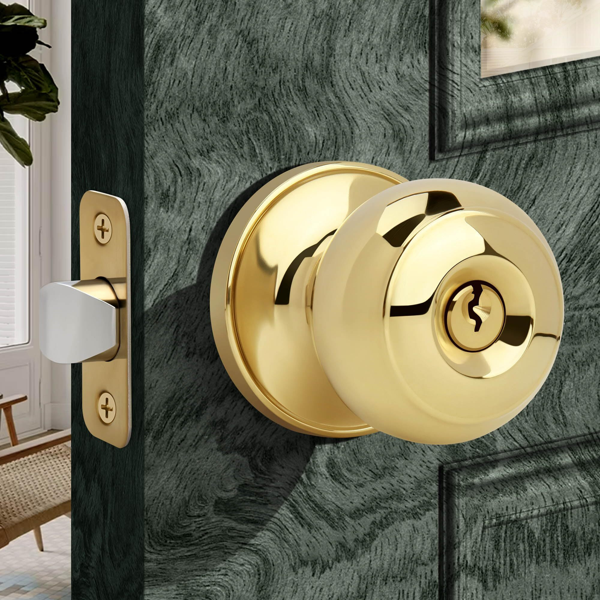 Moquin Flat Ball Entry Door Knob With Keys  Round Interior Door Knob In Polished Brass Finish  Keyed Doorknob Lock For Front Entrance