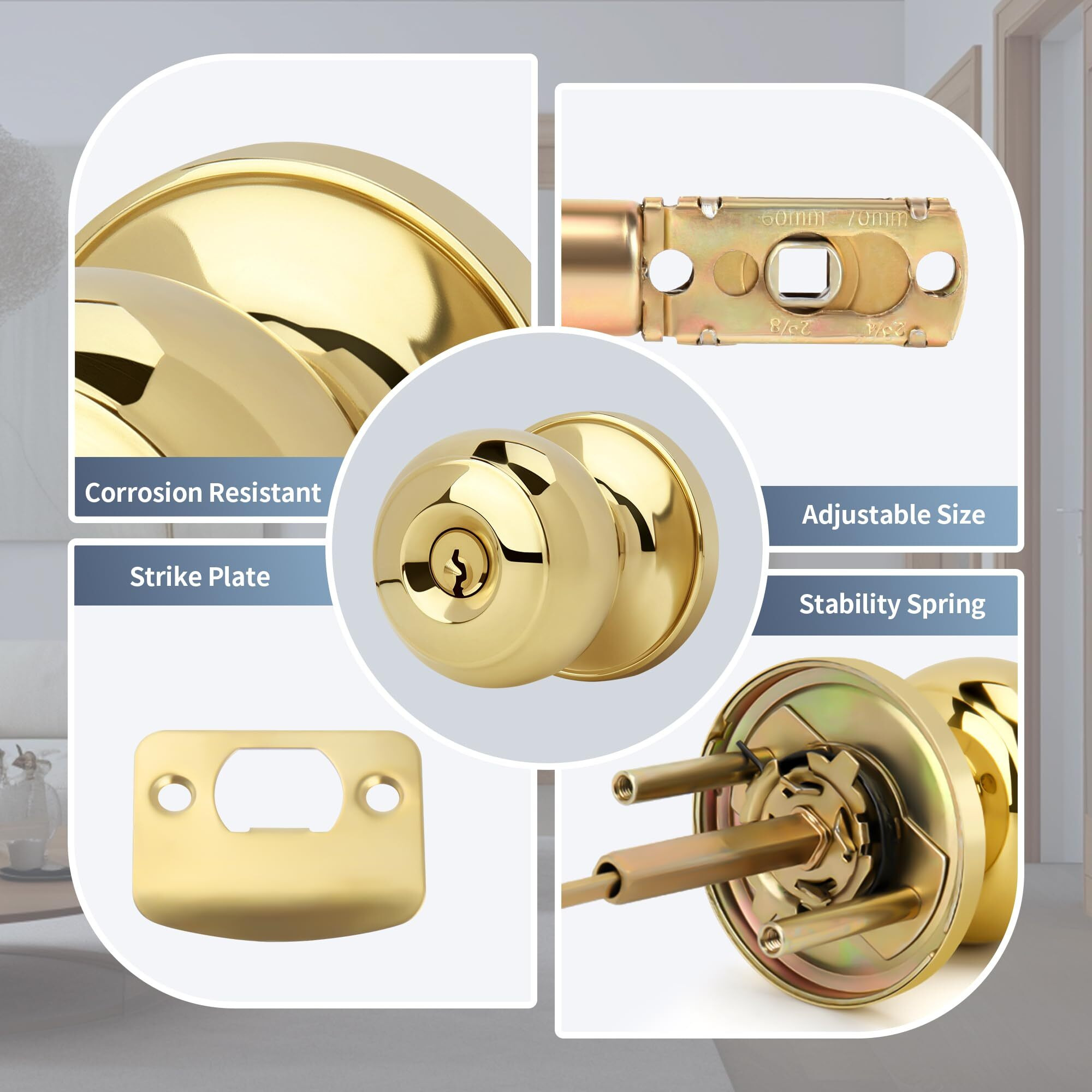 Moquin Flat Ball Entry Door Knob With Keys  Round Interior Door Knob In Polished Brass Finish  Keyed Doorknob Lock For Front Entrance