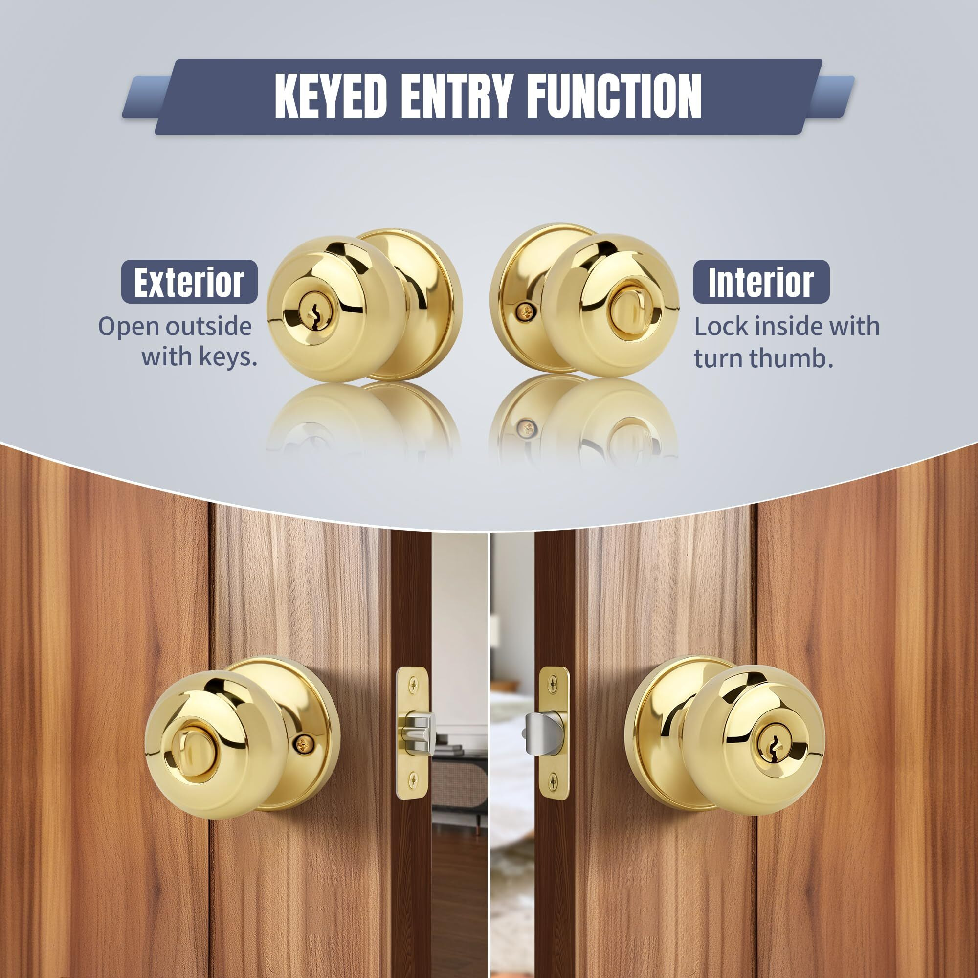 Moquin Flat Ball Entry Door Knob With Keys  Round Interior Door Knob In Polished Brass Finish  Keyed Doorknob Lock For Front Entrance