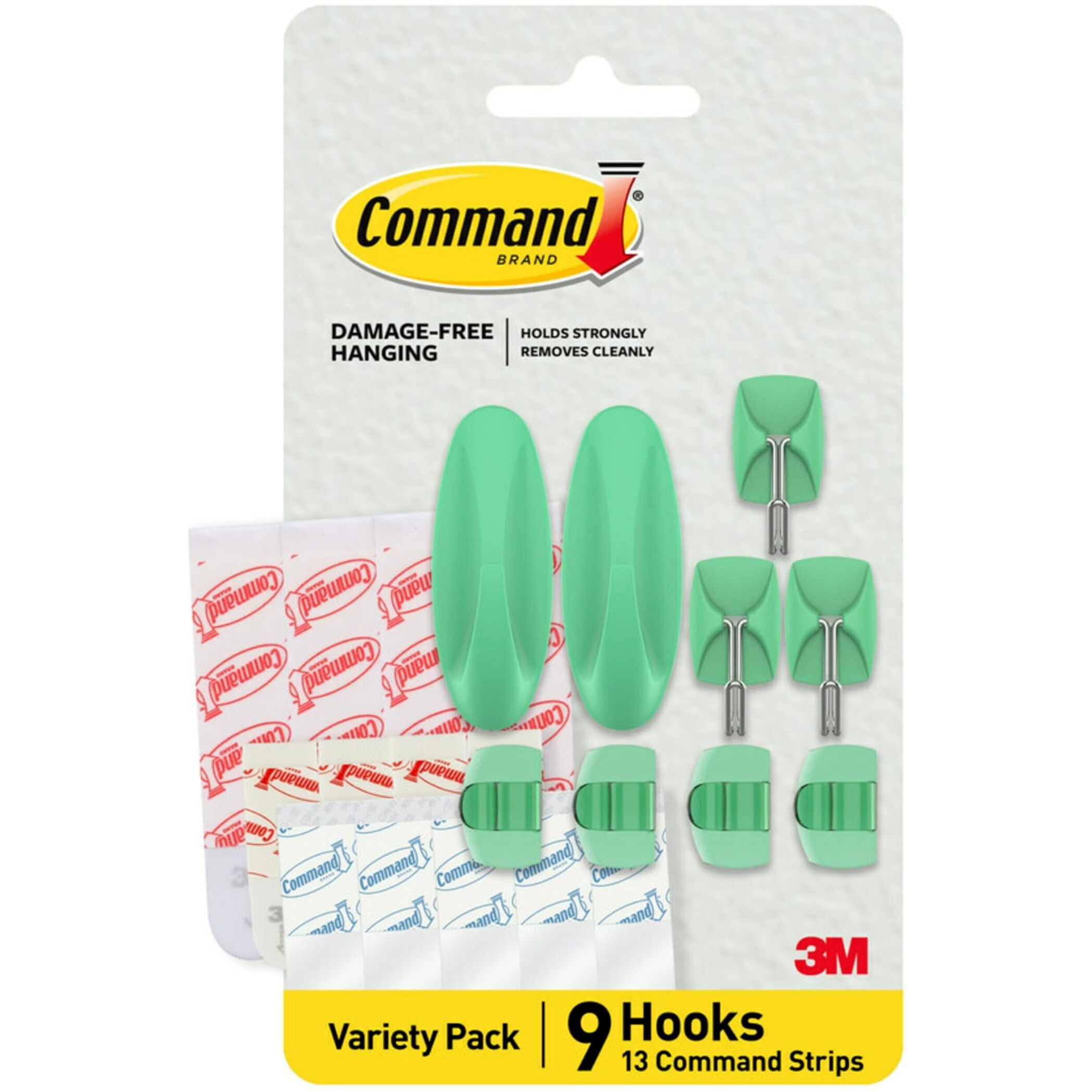 Command Mixed Designer Hooks Pack - 9 Aloe  13 Strips (Medium & Small Hooks  Indoor Strips  Clear Cord Clips)