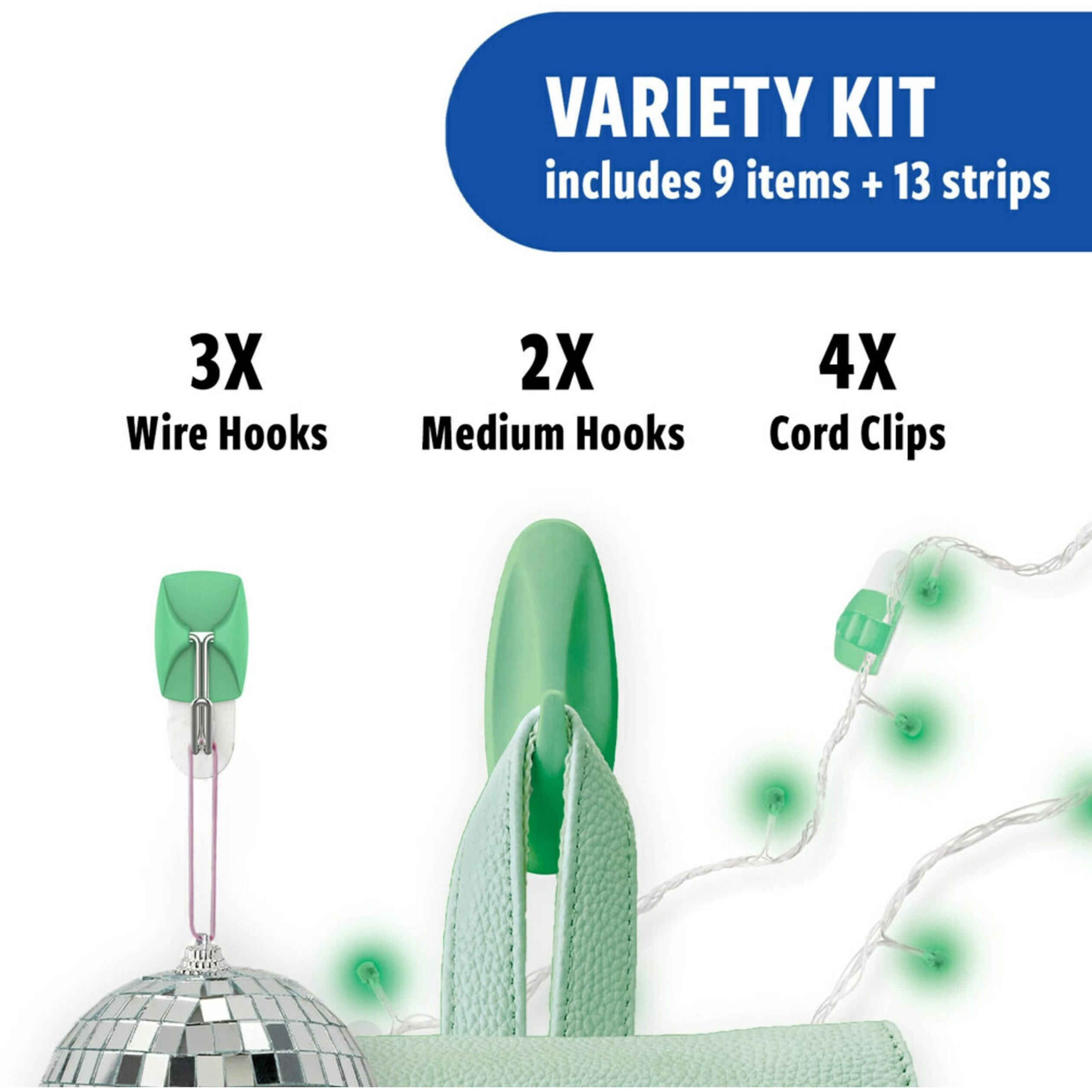 Command Mixed Designer Hooks Pack - 9 Aloe  13 Strips (Medium & Small Hooks  Indoor Strips  Clear Cord Clips)
