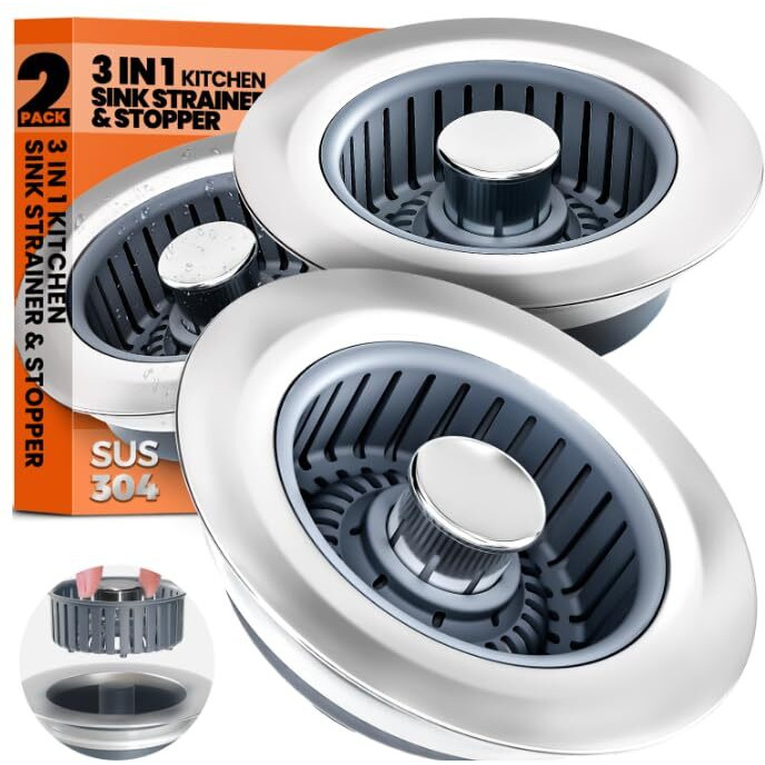 2 Pack 3 In 1 Kitchen Sink Drain Strainer & Sink Stopper Upgraded Stainless Steel Drain Plug With Anti-Clog Basket Drain Stopper Combo  Pop Up Sink Stopper For Standard 3-1/2'' Drain
