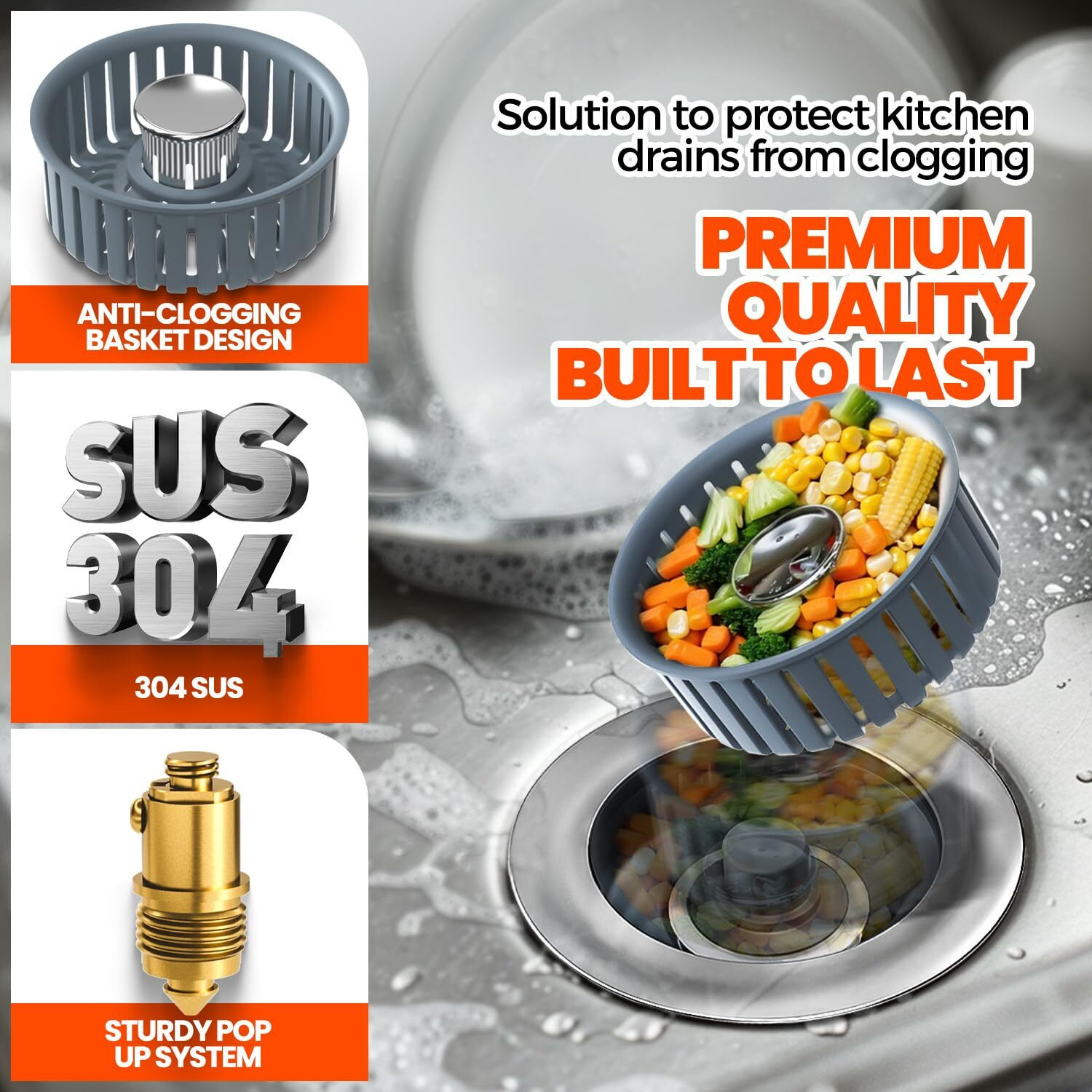 2 Pack 3 In 1 Kitchen Sink Drain Strainer & Sink Stopper Upgraded Stainless Steel Drain Plug With Anti-Clog Basket Drain Stopper Combo  Pop Up Sink Stopper For Standard 3-1/2'' Drain