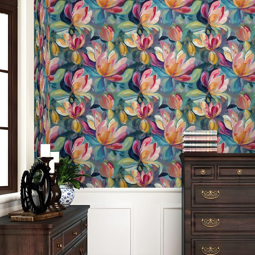 Redamancy Colorful Blur/Green Magnolia Floral Pink/Red Flower Abstract Art Peel And Stick Wallpaper Stick On Contact Paper Vintage Wall Paper Easy Peel Off For Nightstand Drawer Cabinet Renter