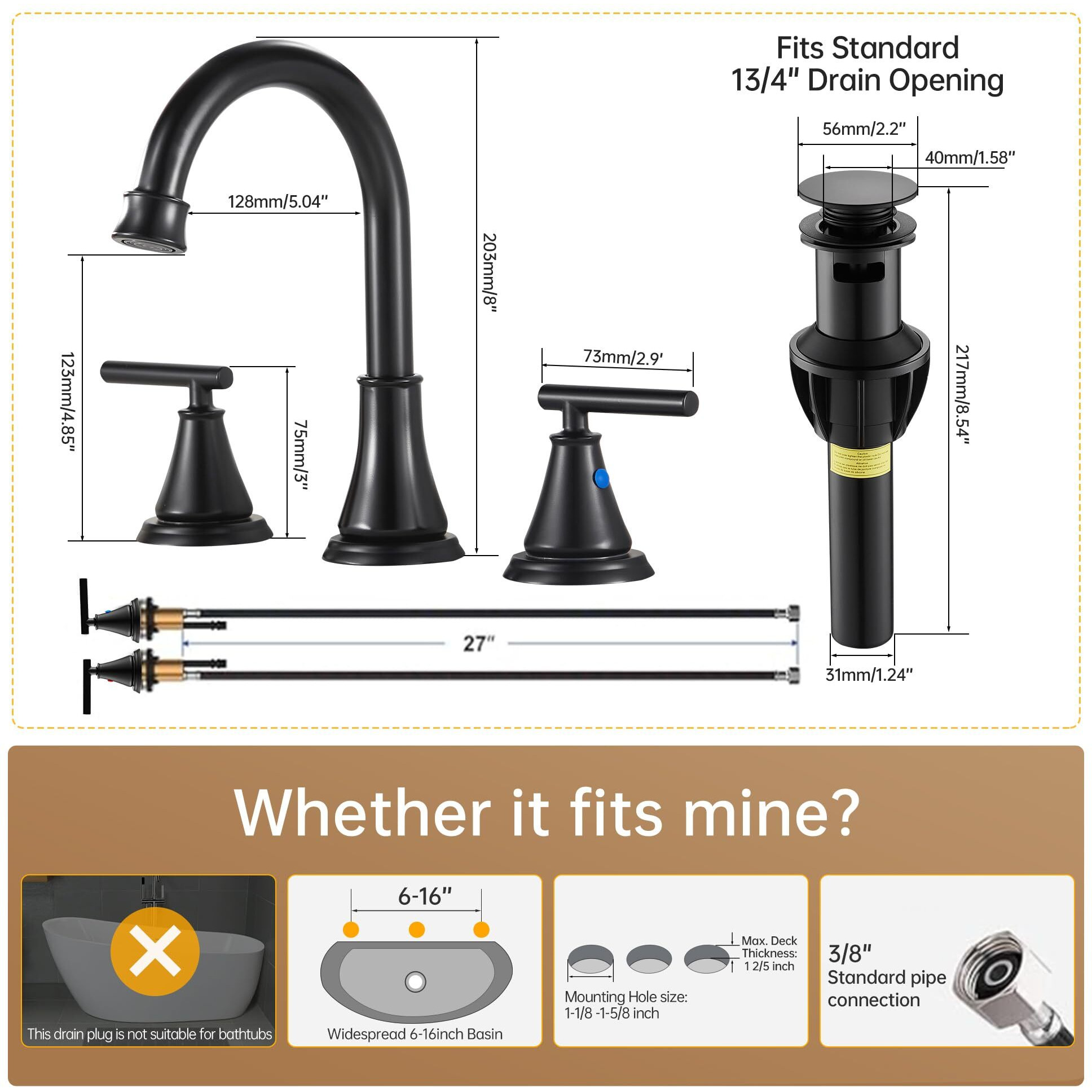 Fransiton Black 8 Inch Widespread Bathroom Sink Faucet 3 Hole  Bathroom Vanity Faucet With Metal Pop-Up Drain Assembly  2 Handle And Cupc Basin Faucet Supply Hoses