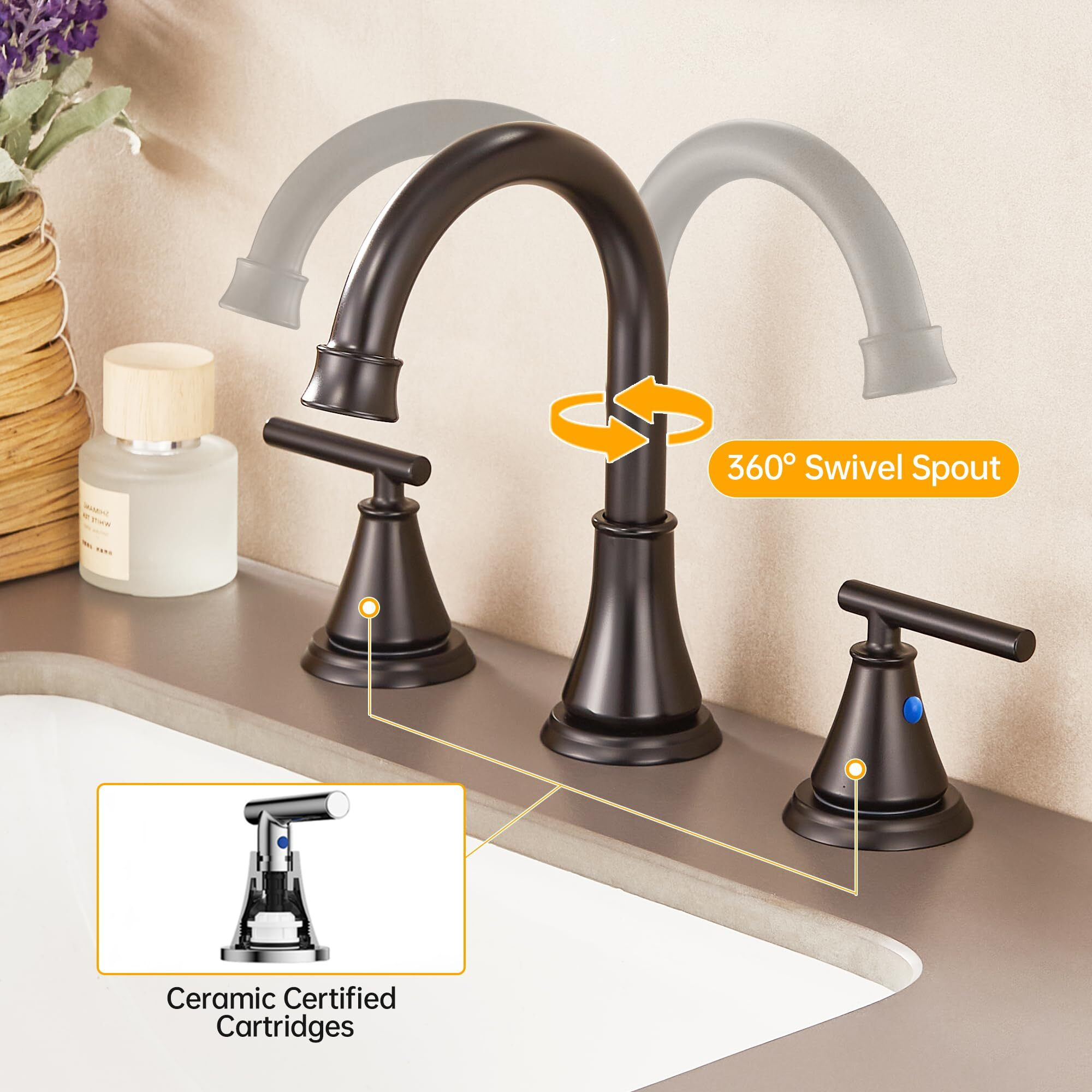 Fransiton Black 8 Inch Widespread Bathroom Sink Faucet 3 Hole  Bathroom Vanity Faucet With Metal Pop-Up Drain Assembly  2 Handle And Cupc Basin Faucet Supply Hoses