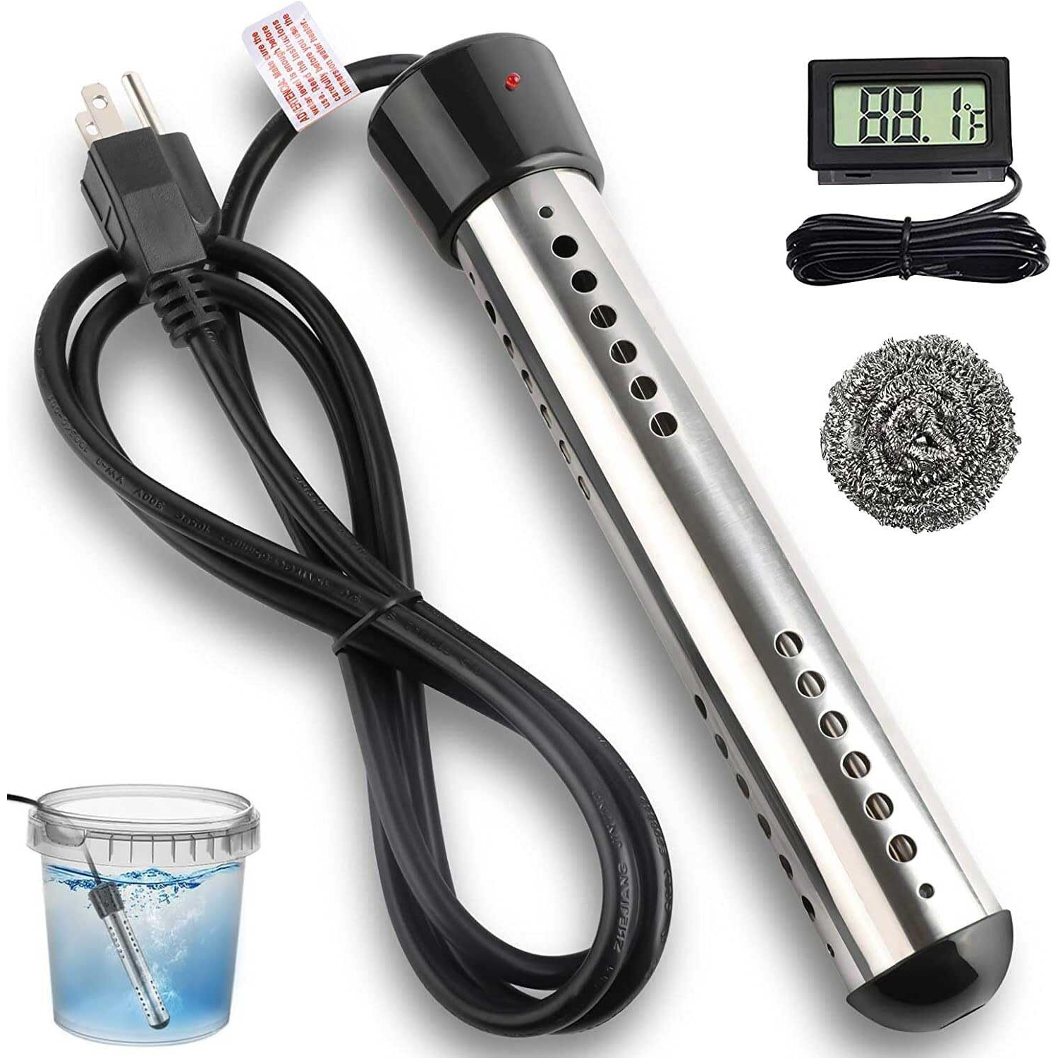 Immersion Water Heater  2000W Portable Electric Instant Bucket Heater With Digital Lcd Thermometer  Stainless Steel Guard Anti-Scalding Submersible Water Heater For Bathtub Hot Tub Pool  Ul Listed