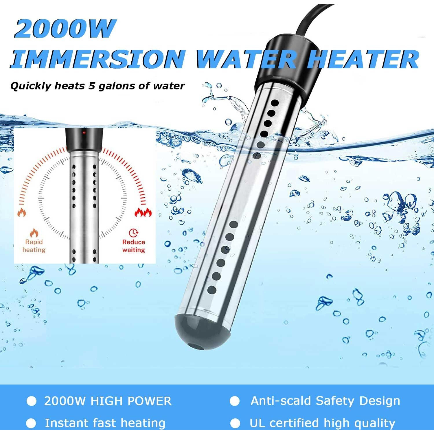 Immersion Water Heater  2000W Portable Electric Instant Bucket Heater With Digital Lcd Thermometer  Stainless Steel Guard Anti-Scalding Submersible Water Heater For Bathtub Hot Tub Pool  Ul Listed