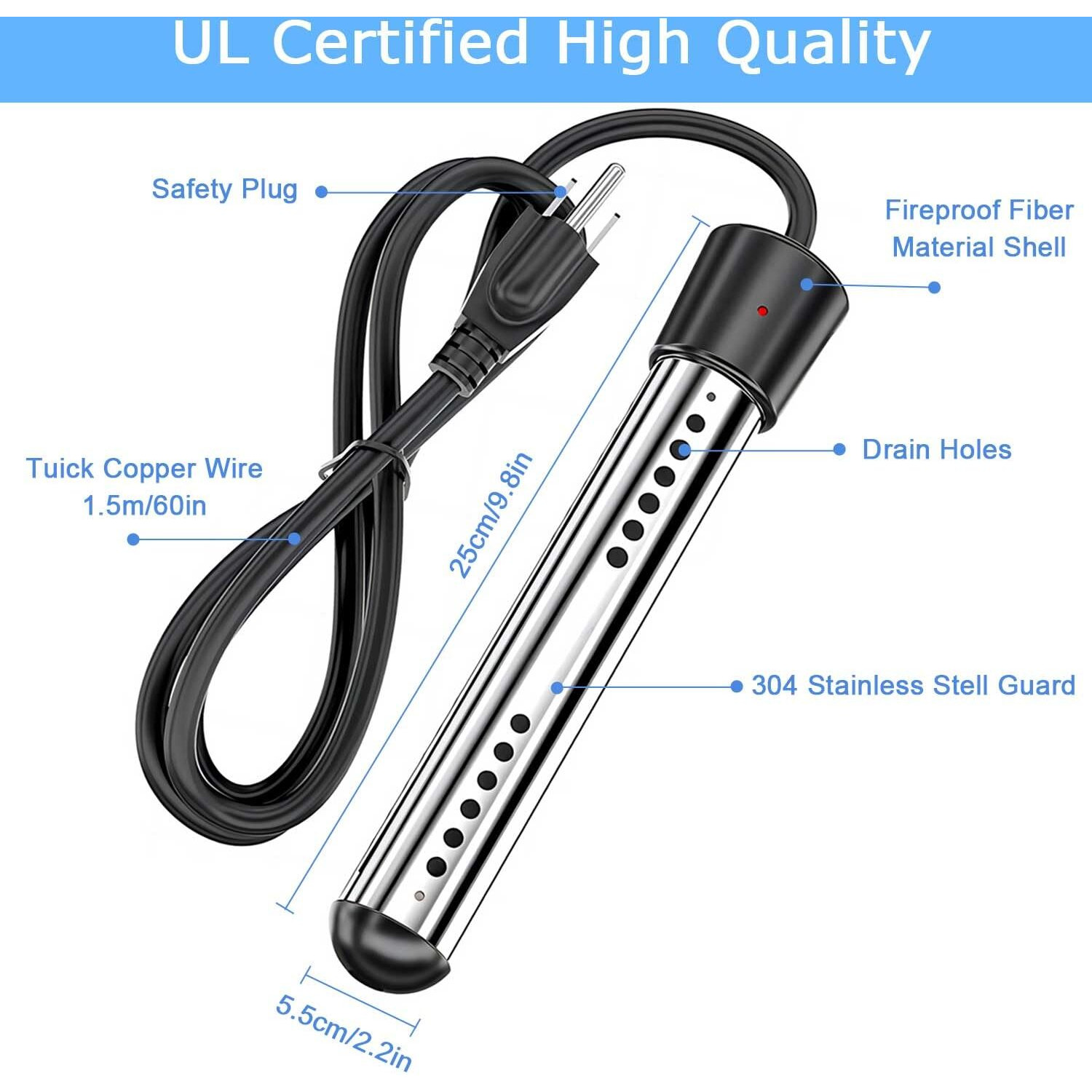 Immersion Water Heater  2000W Portable Electric Instant Bucket Heater With Digital Lcd Thermometer  Stainless Steel Guard Anti-Scalding Submersible Water Heater For Bathtub Hot Tub Pool  Ul Listed